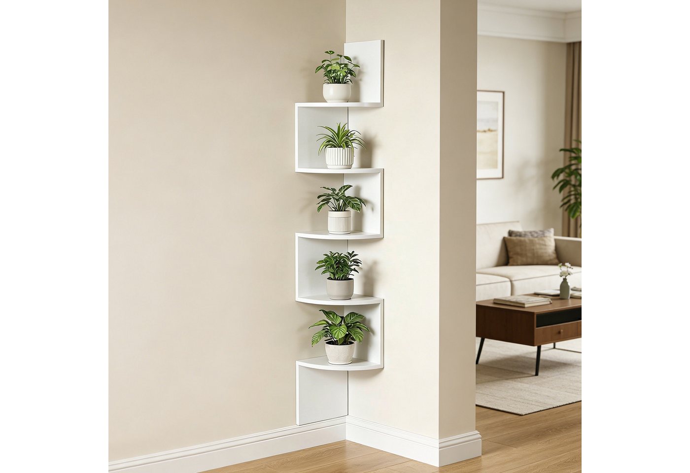 BlingBin Eckregal Wandregal 5 Ebenen, Zickzack-Schweberegal, 1er Set 1-tlg., 20x20x125 cm, Bücherregal Pflanzenregal für Bücher, Pflanzen und Deko