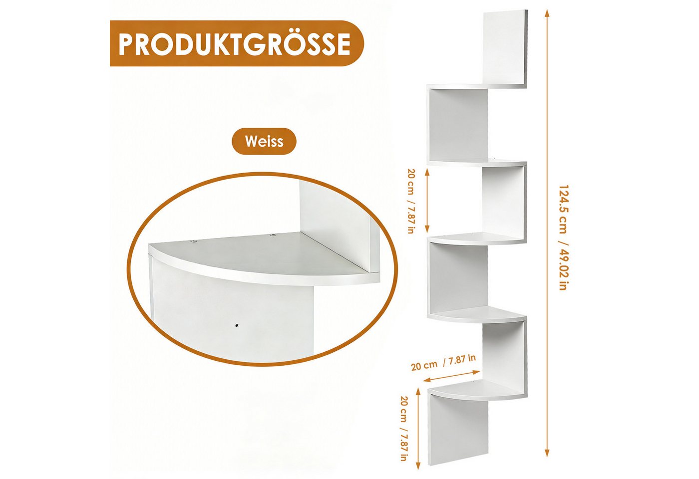 BlingBin Eckregal Wandregal 5 Ebenen, Zickzack-Schweberegal, 1er Set 1-tlg., 20x20x125 cm, Bücherregal Pflanzenregal für Bücher, Pflanzen und Deko Bild 4