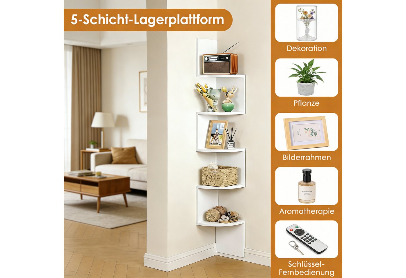 BlingBin Eckregal Wandregal 5 Ebenen, Zickzack-Schweberegal, 1er Set 1-tlg., 20x20x125 cm, Bücherregal Pflanzenregal für Bücher, Pflanzen und Deko Bild 5