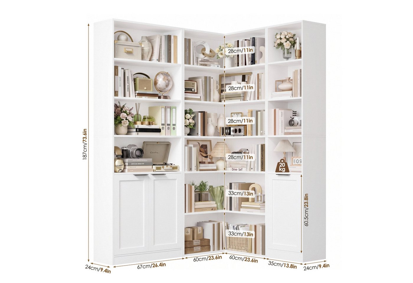 Homfa Bücherregal Eckregal Bücherschrank mit Türen Regalsystem 3 PCS, Bücherregal-Set, Eckschrank für Wohnzimmer Büro, 127x95x186,4 cm, weiß