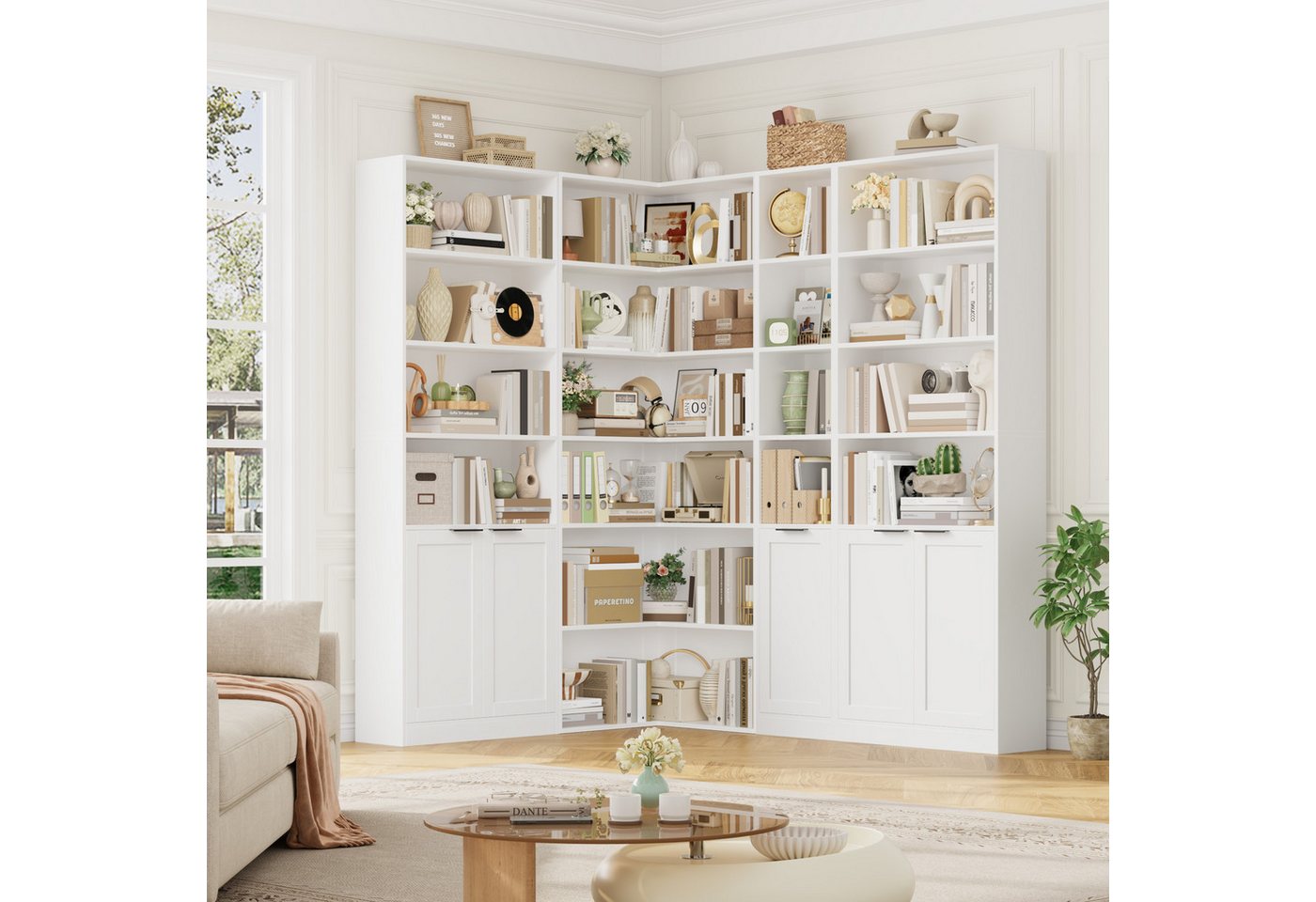 Homfa Bücherregal Eckregal Bücherschrank mit Türen Regalsystem 3 PCS, Bücherregal-Set, Eckschrank für Wohnzimmer Büro, 127x95x186,4 cm, weiß Bild 2