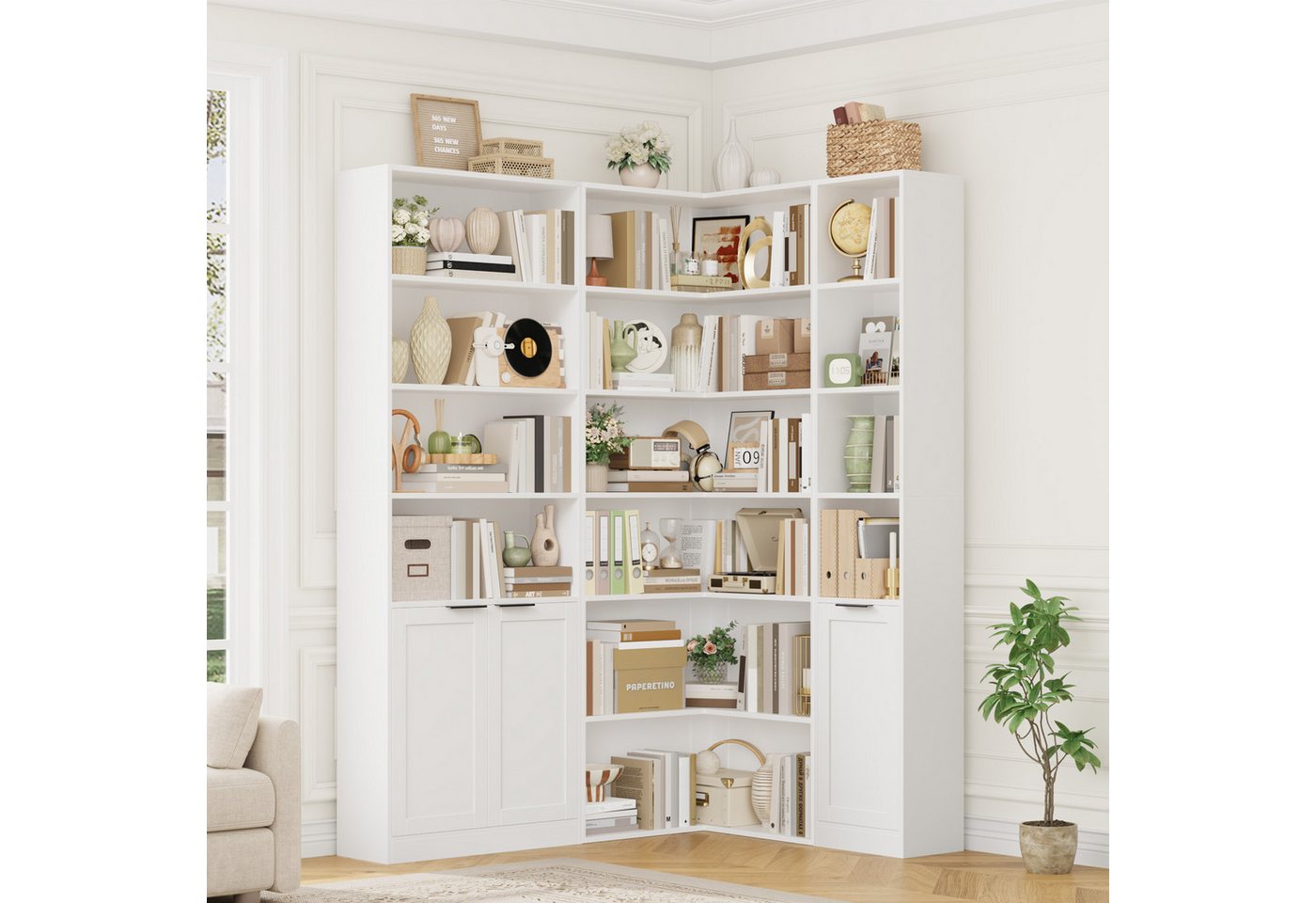 Homfa Bücherregal Eckregal Bücherschrank mit Türen Regalsystem 3 PCS, Bücherregal-Set, Eckschrank für Wohnzimmer Büro, 127x95x186,4 cm, weiß Bild 4