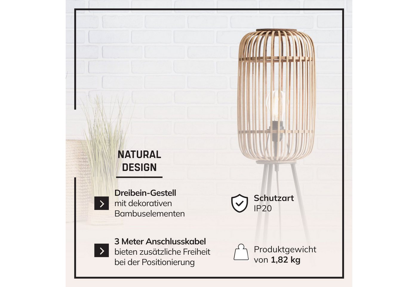 Lightbox Stehlampe, ohne Leuchtmittel, dekorative Dreibein-Lampe - Stehleuchte Nature-Style mit Fußschalter