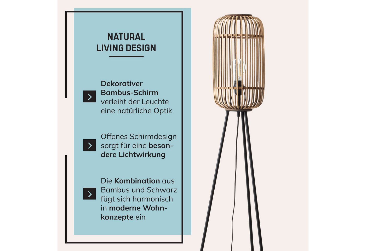 Lightbox Stehlampe, ohne Leuchtmittel, dekorative Dreibein-Lampe - Stehleuchte Nature-Style mit Fußschalter Bild 3