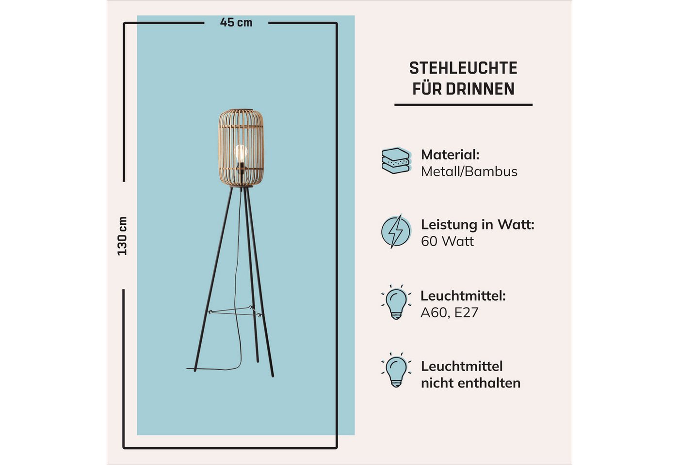 Lightbox Stehlampe, ohne Leuchtmittel, dekorative Dreibein-Lampe - Stehleuchte Nature-Style mit Fußschalter Bild 5