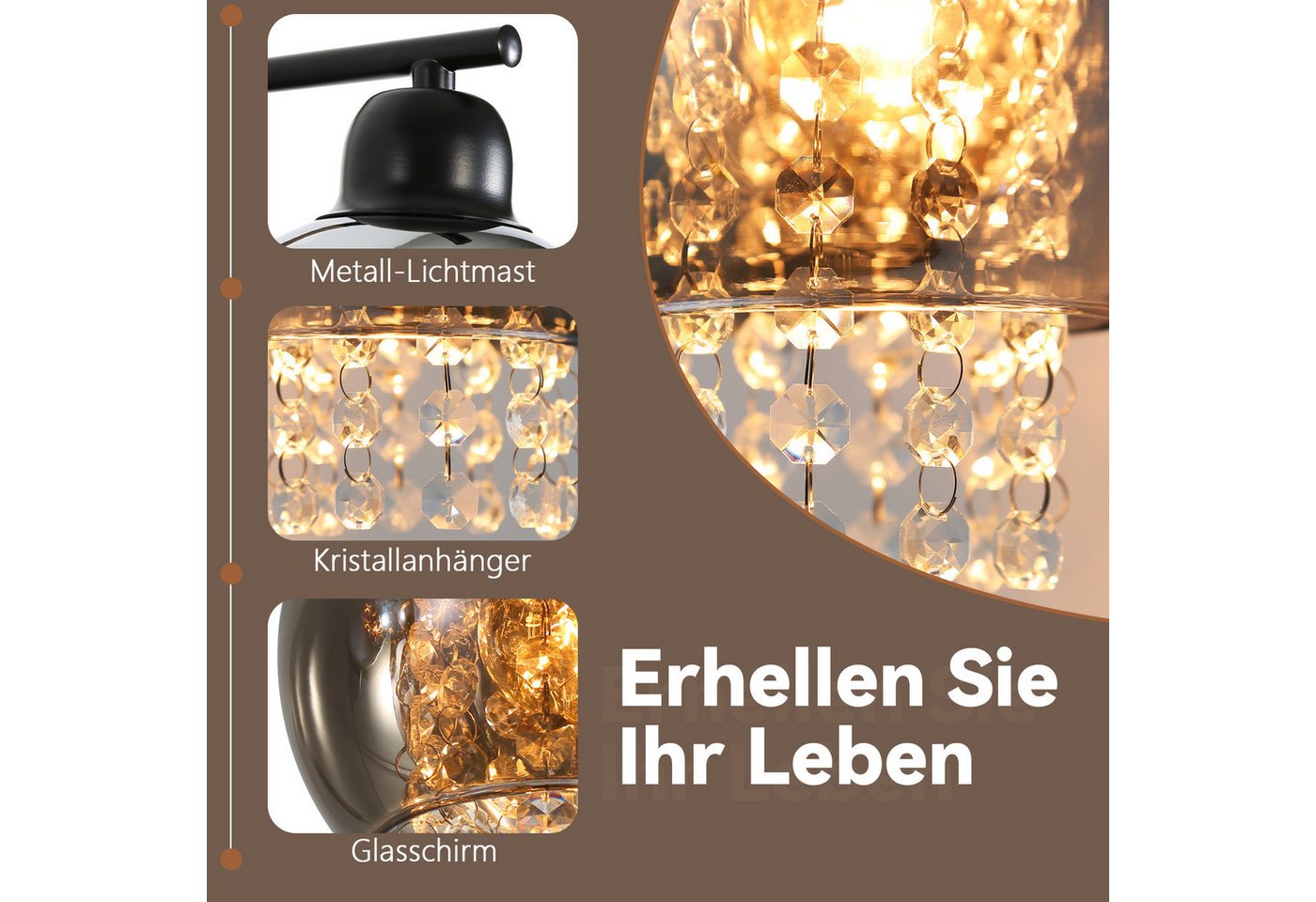 ZMH Wandleuchte Innen E27 Rauchgrau Glas Design Wandlampe Kristall Bett Treppenhaus, Einfache Installation, ohne Leuchtmittel, Modern 1 Flammig Bettlampe Flexible Beleuchtungsmöglichkeiten
