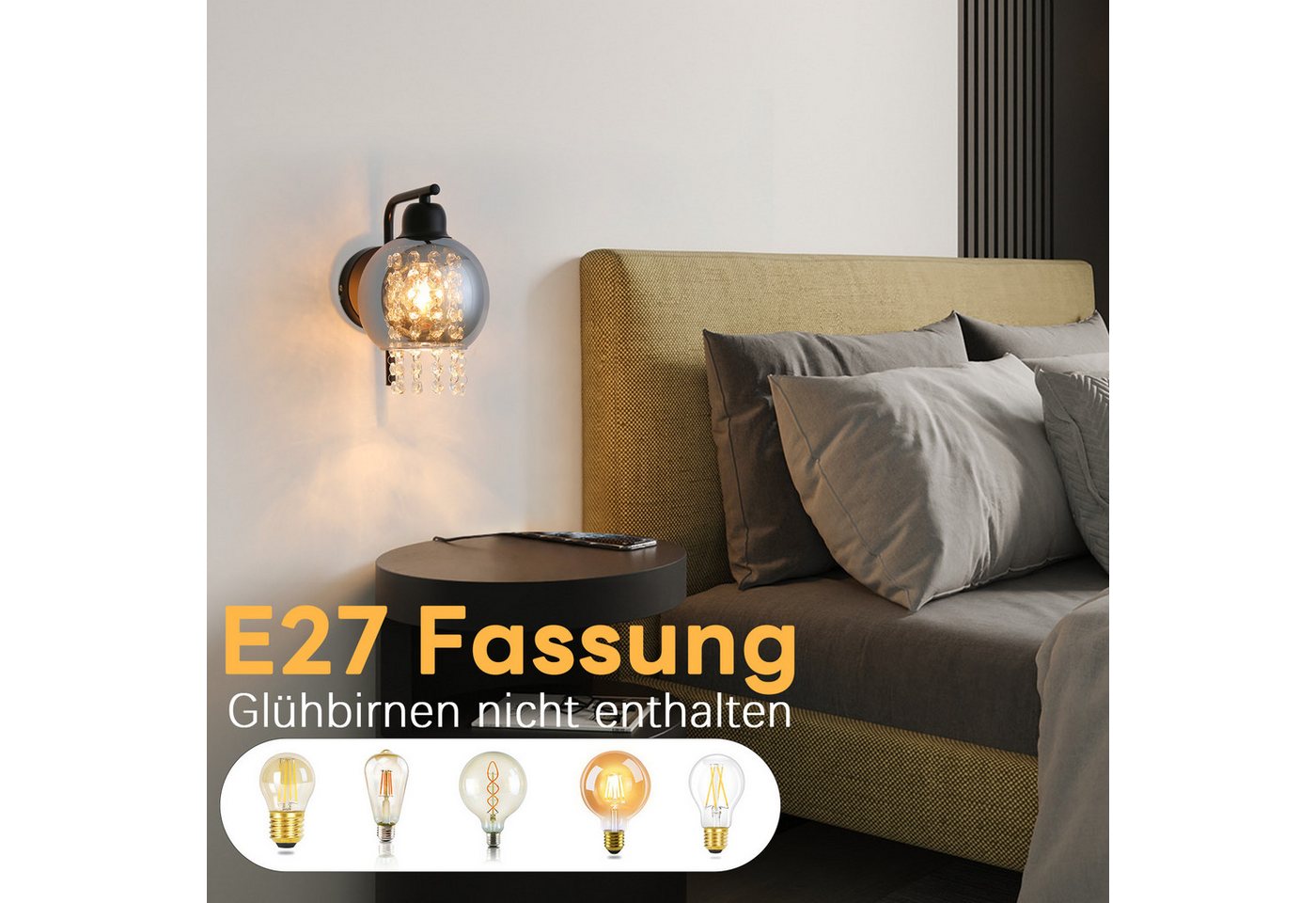 ZMH Wandleuchte Innen E27 Rauchgrau Glas Design Wandlampe Kristall Bett Treppenhaus, Einfache Installation, ohne Leuchtmittel, Modern 1 Flammig Bettlampe Flexible Beleuchtungsmöglichkeiten Bild 4