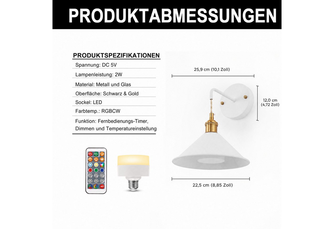 LOHAS-LED Wandleuchte 2er Set kabellose Akku-Wandlampen mit kegelförmigem Lampenschirm, LED wechselbar, Warmweiß bis Kaltweiß mit RGB-Farbwechsel, RGBCW dimmbar mit IR-Fernbedienung, E26 Aufladbirne