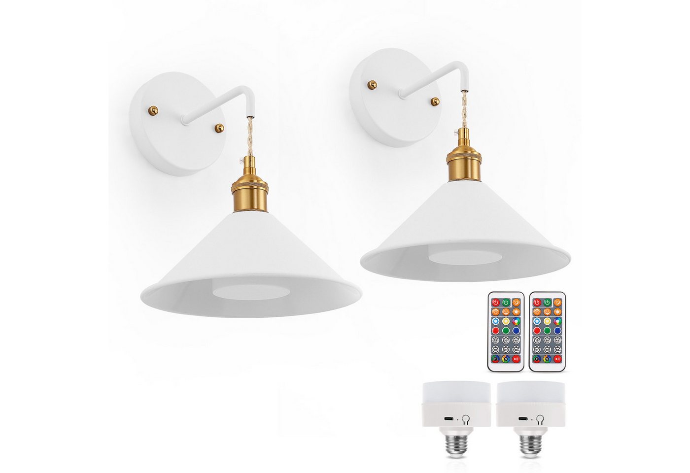 LOHAS-LED Wandleuchte 2er Set kabellose Akku-Wandlampen mit kegelförmigem Lampenschirm, LED wechselbar, Warmweiß bis Kaltweiß mit RGB-Farbwechsel, RGBCW dimmbar mit IR-Fernbedienung, E26 Aufladbirne Bild 3