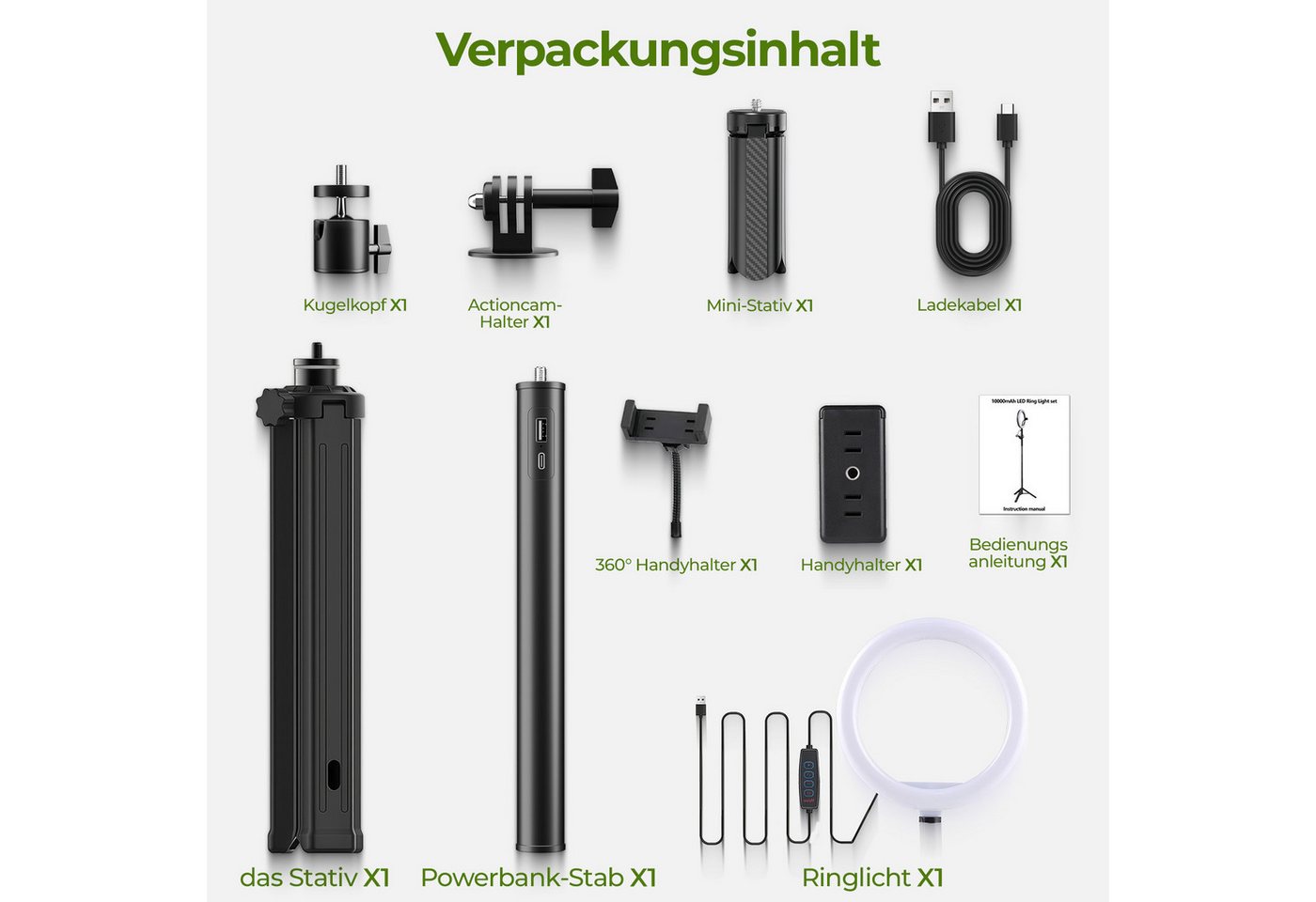 Rhein Beleuchtung Ringlicht LED Ringlicht mit Stativ 178 cm & Selfie Stick 10 Zoll, 10000mAh Akku, 3 Lichtfarben, 10 Helligkeitsstufen, 360° drehbar