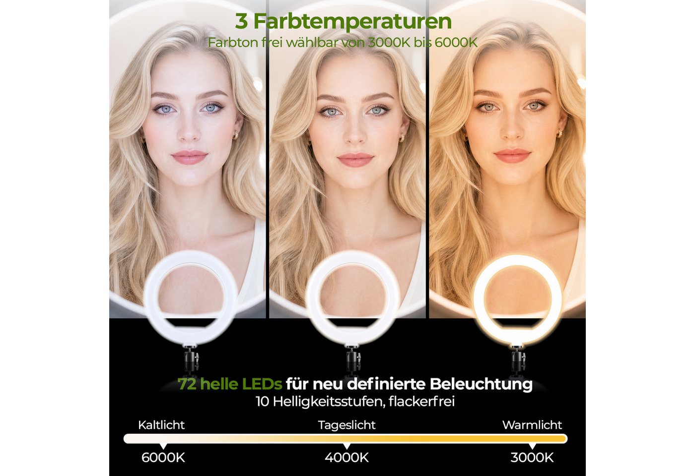 Rhein Beleuchtung Ringlicht LED Ringlicht mit Stativ 178 cm & Selfie Stick 10 Zoll, 10000mAh Akku, 3 Lichtfarben, 10 Helligkeitsstufen, 360° drehbar Bild 2
