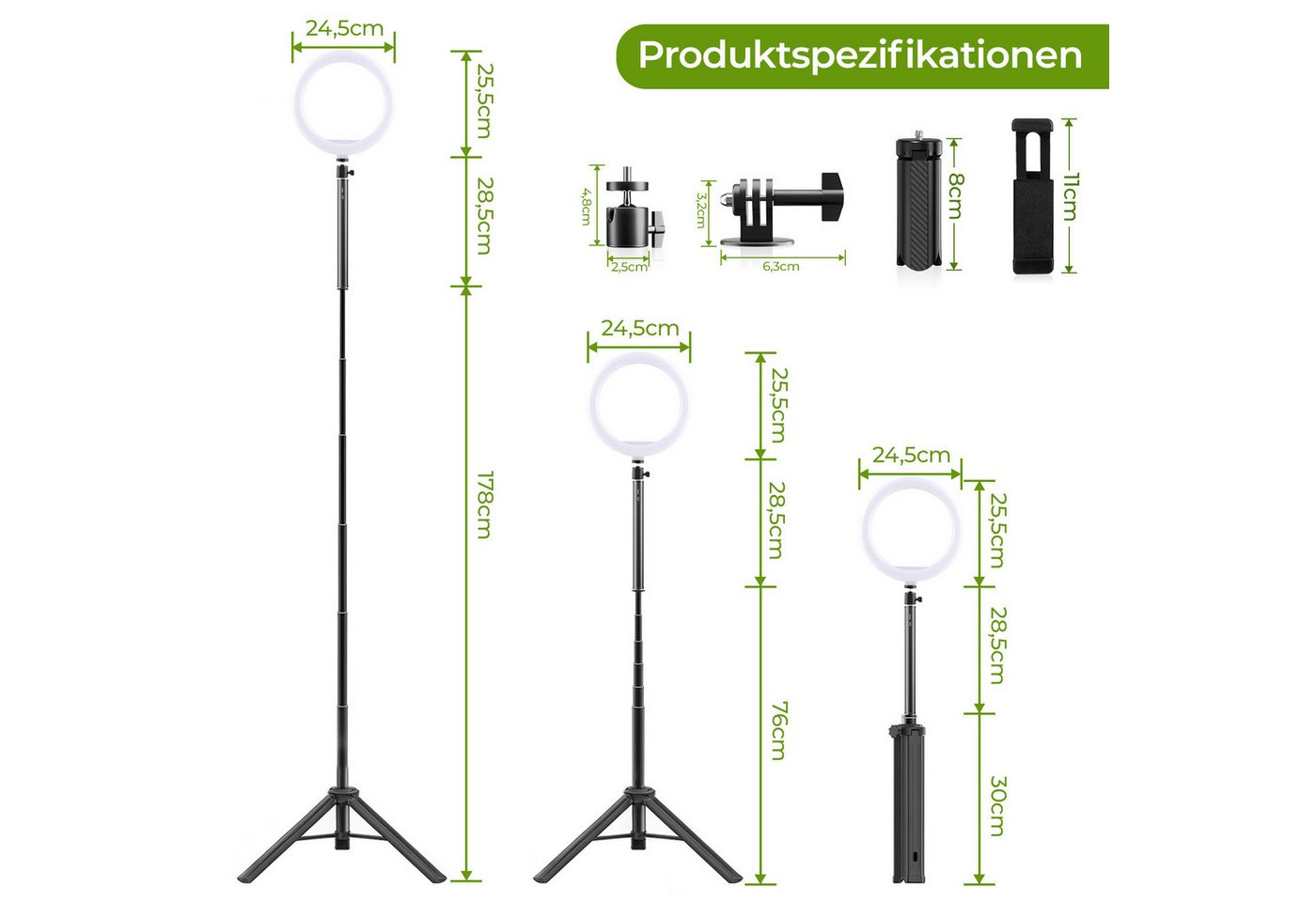 Rhein Beleuchtung Ringlicht LED Ringlicht mit Stativ 178 cm & Selfie Stick 10 Zoll, 10000mAh Akku, 3 Lichtfarben, 10 Helligkeitsstufen, 360° drehbar Bild 3