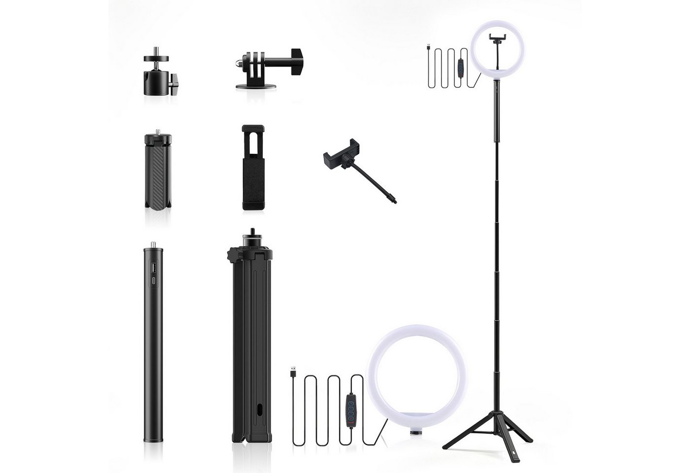 Rhein Beleuchtung Ringlicht LED Ringlicht mit Stativ 178 cm & Selfie Stick 10 Zoll, 10000mAh Akku, 3 Lichtfarben, 10 Helligkeitsstufen, 360° drehbar Bild 4
