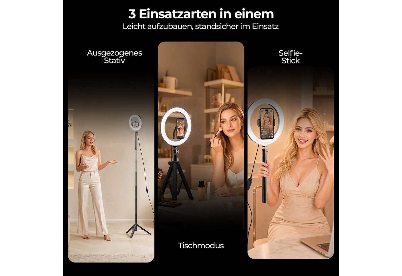 Rhein Beleuchtung Ringlicht LED Ringlicht mit Stativ 178 cm & Selfie Stick 10 Zoll, 10000mAh Akku, 3 Lichtfarben, 10 Helligkeitsstufen, 360° drehbar Bild 5
