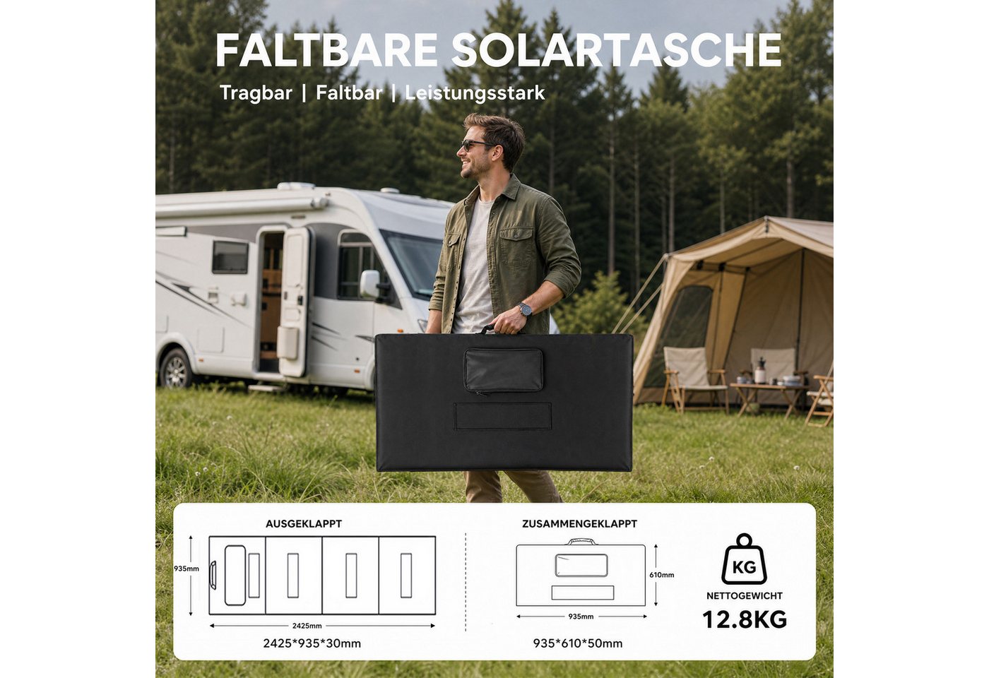 Rhein Beleuchtung Solarmodul Solar Panel 400W 36V, tragbares Solarpanel, faltbar & monokristallin, 400 W, Monokristallines Silizium, (1-St., Solarpanel Camping für Powerstation, Wohnmobil & Offgrid), Solarmodul 4-fach faltbar, 4-in-1 Kabel & wasserfest