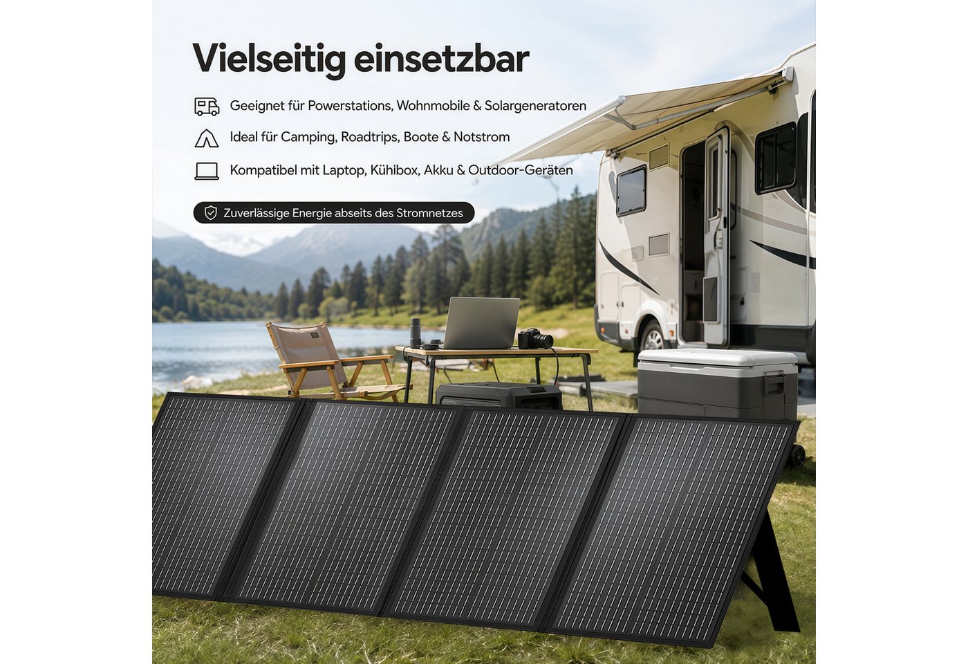 Rhein Beleuchtung Solarmodul Solar Panel 400W 36V, tragbares Solarpanel, faltbar & monokristallin, 400 W, Monokristallines Silizium, (1-St., Solarpanel Camping für Powerstation, Wohnmobil & Offgrid), Solarmodul 4-fach faltbar, 4-in-1 Kabel & wasserfest Bild 2