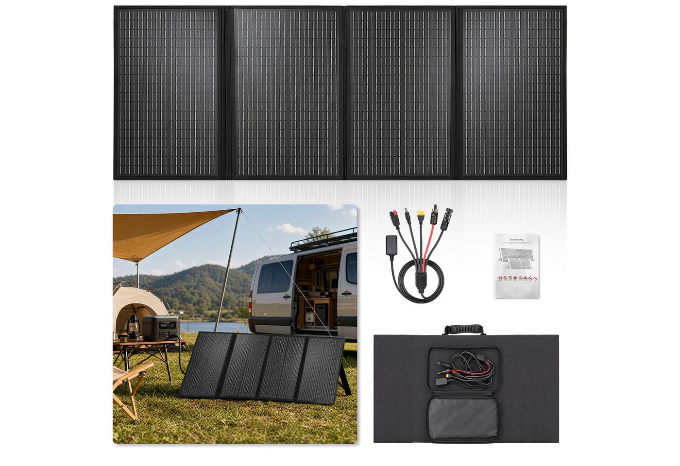 Rhein Beleuchtung Solarmodul Solar Panel 400W 36V, tragbares Solarpanel, faltbar & monokristallin, 400 W, Monokristallines Silizium, (1-St., Solarpanel Camping für Powerstation, Wohnmobil & Offgrid), Solarmodul 4-fach faltbar, 4-in-1 Kabel & wasserfest Bild 4