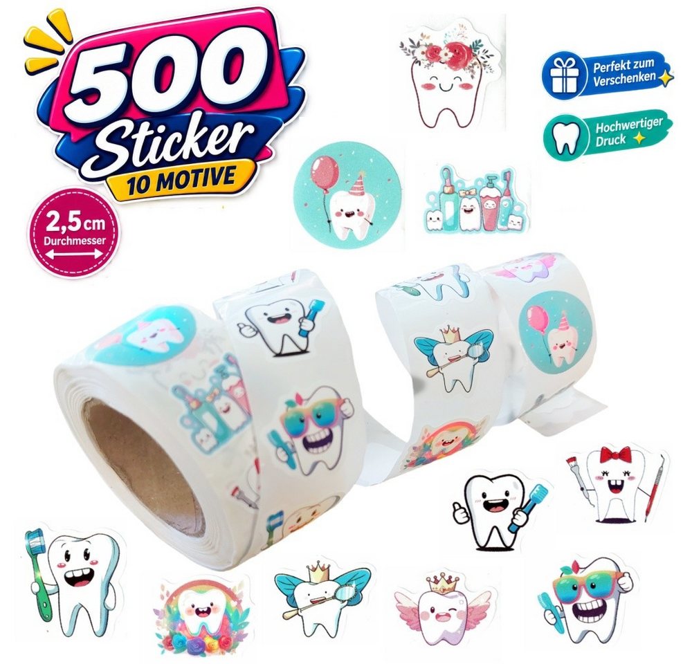 Ware aus aller Welt Sticker 500 Zahn Sticker 10 Motive selbstklebend 2,5 cm Dekoration, (500-tlg)