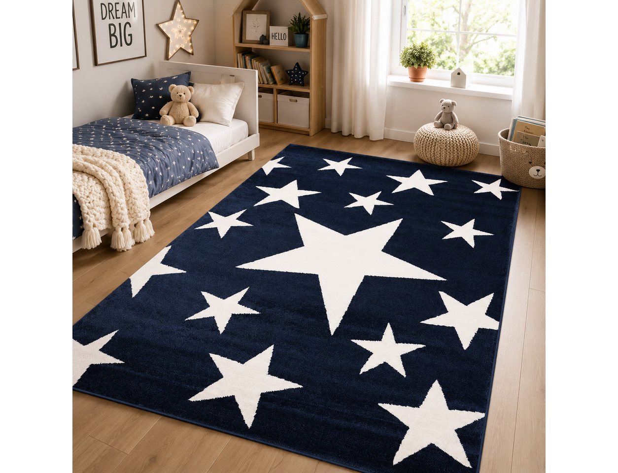 Vimoda Kinderteppich Blau Sterne, Teppich Kinderzimmer 160x230 & 120x170, Rechteckig, Höhe: 12 mm, Weich, Spielteppich Junge, Rechteckig, OEKO-TEX, Polypropylen