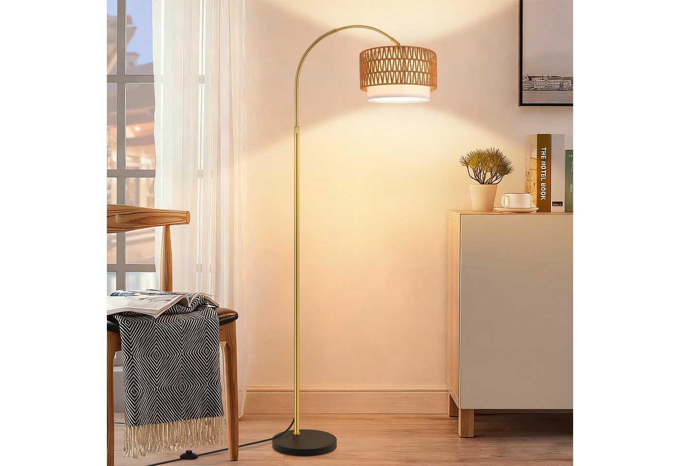 ZMH Stehlampe Bogenlampe 165–180 cm, Boho-Stehleuchte mit Rattan/Stoffschirm, E27, dimmbar 3000–6500 K, Fernbedienung, Fußschalter, inkl. 9-W-LED, LED wechselbar