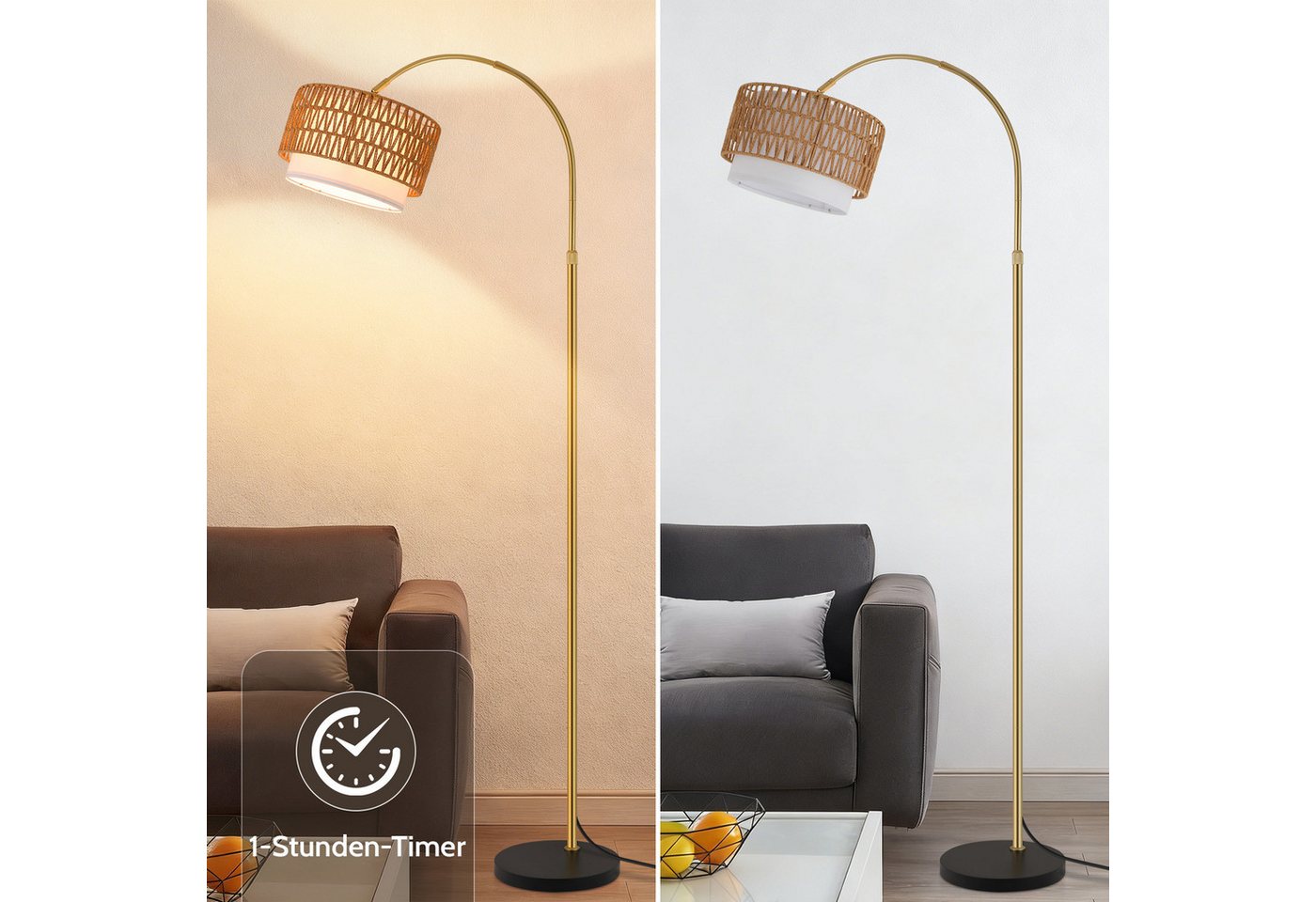 ZMH Stehlampe Bogenlampe 165–180 cm, Boho-Stehleuchte mit Rattan/Stoffschirm, E27, dimmbar 3000–6500 K, Fernbedienung, Fußschalter, inkl. 9-W-LED, LED wechselbar Bild 2