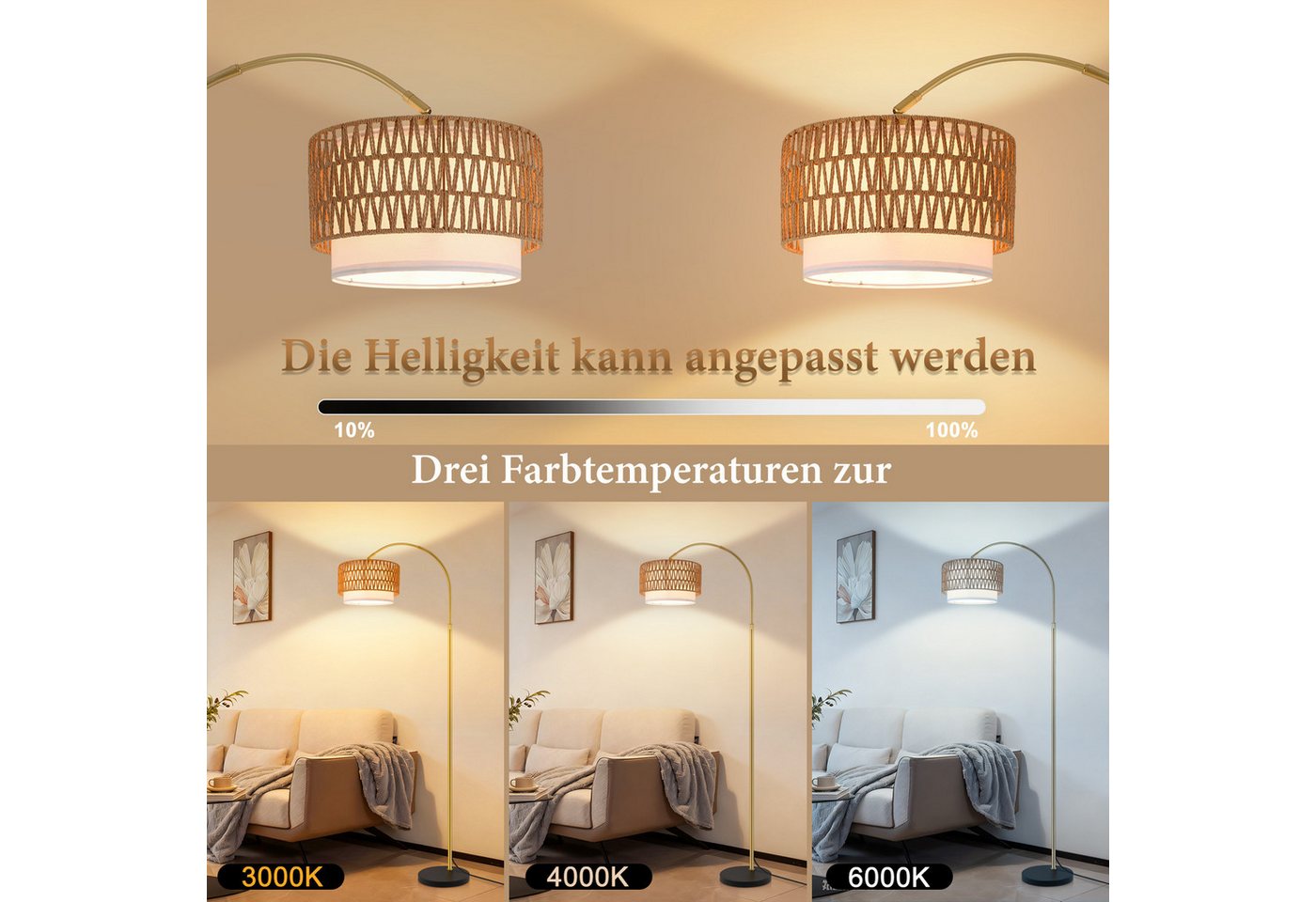 ZMH Stehlampe Bogenlampe 165–180 cm, Boho-Stehleuchte mit Rattan/Stoffschirm, E27, dimmbar 3000–6500 K, Fernbedienung, Fußschalter, inkl. 9-W-LED, LED wechselbar Bild 3