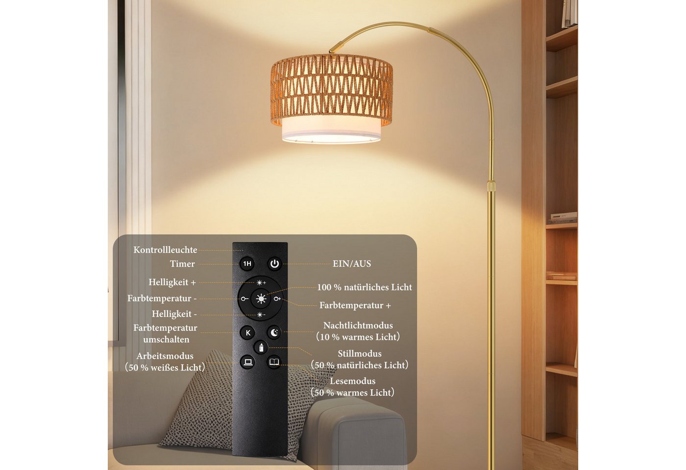 ZMH Stehlampe Bogenlampe 165–180 cm, Boho-Stehleuchte mit Rattan/Stoffschirm, E27, dimmbar 3000–6500 K, Fernbedienung, Fußschalter, inkl. 9-W-LED, LED wechselbar Bild 4