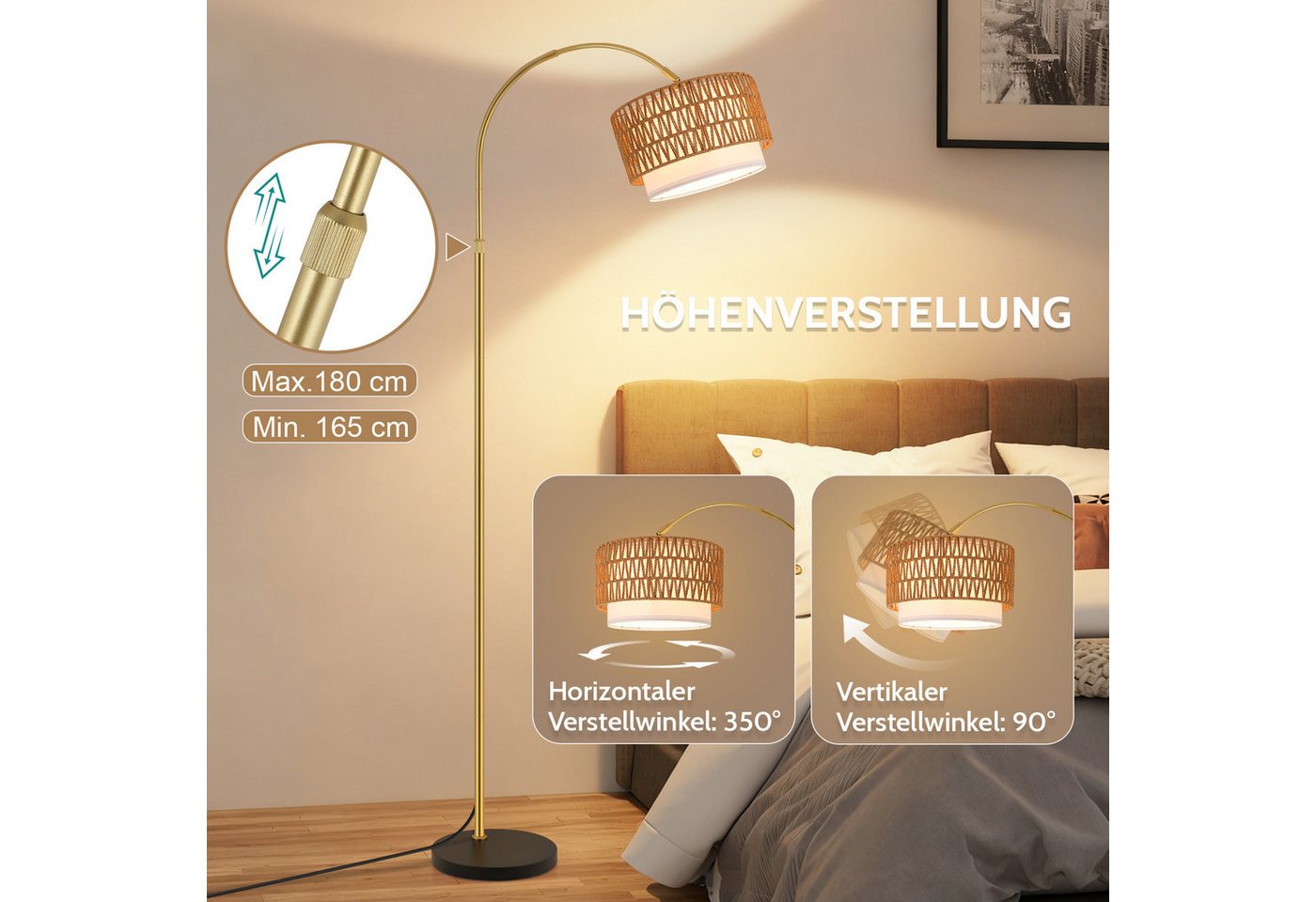 ZMH Stehlampe Bogenlampe 165–180 cm, Boho-Stehleuchte mit Rattan/Stoffschirm, E27, dimmbar 3000–6500 K, Fernbedienung, Fußschalter, inkl. 9-W-LED, LED wechselbar Bild 5