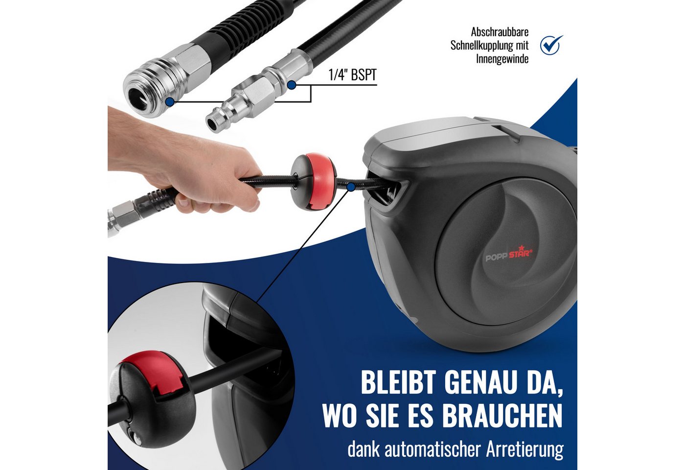 Poppstar Schlauchtrommel, (Premium Druckluft Schlauchaufroller), Automatik Druckluft Schlauchtrommel mit 10m Druckluftschlauch