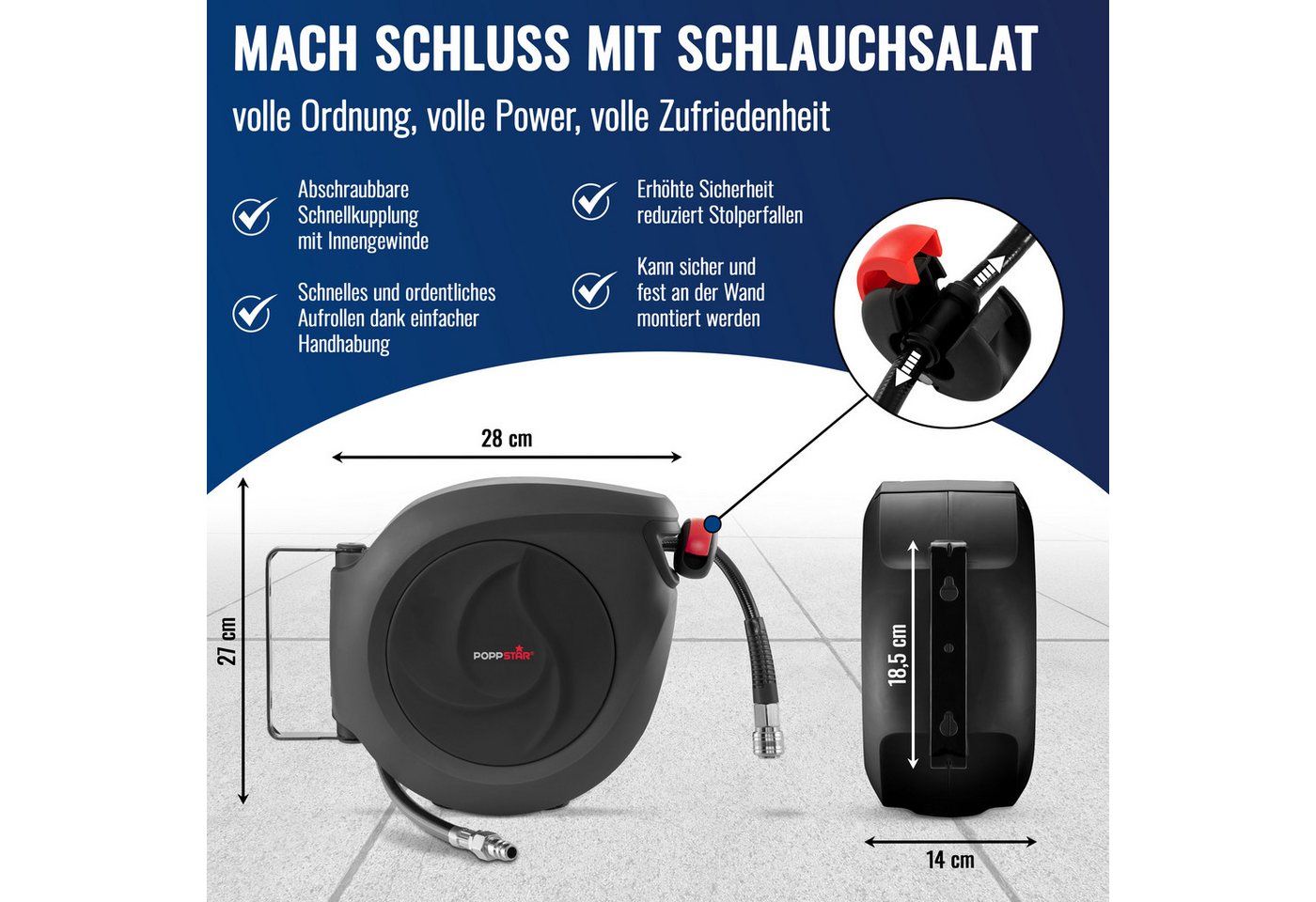 Poppstar Schlauchtrommel, (Premium Druckluft Schlauchaufroller), Automatik Druckluft Schlauchtrommel mit 10m Druckluftschlauch Bild 4