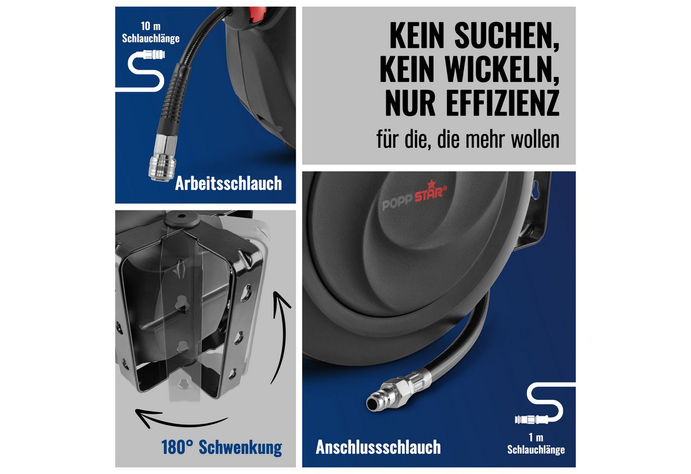 Poppstar Schlauchtrommel, (Premium Druckluft Schlauchaufroller), Automatik Druckluft Schlauchtrommel mit 10m Druckluftschlauch Bild 5