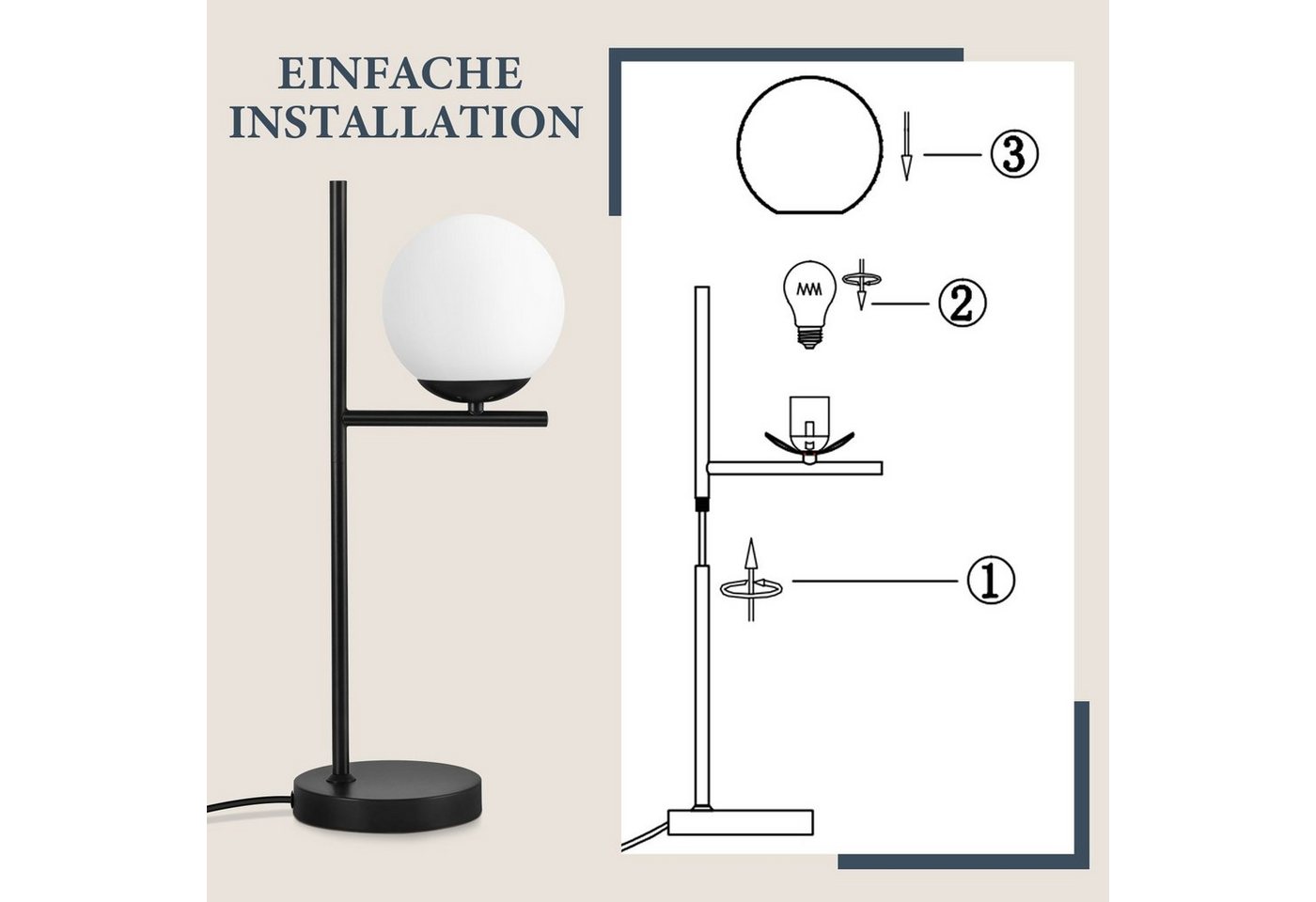 Nettlife Tischleuchte Schwarz/gold Glas Metall Modern E27 Fassung Schalter Nachttischlampe, LED wechselbar, Wohnzimmer Schlafzimmer Kinderzimmer Büro Bild 3
