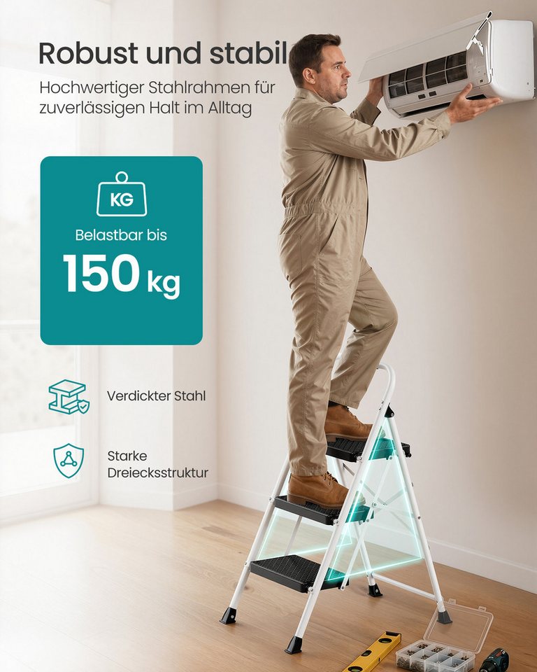 SONGMICS Trittleiter Klapptritt aus Stahl, 2 Rutschfeste Stufen, Klappbar, bis 150 kg, 114 x 45,5 x 7,5 cm, Haushaltsleiter, Küchentritt Bild 5