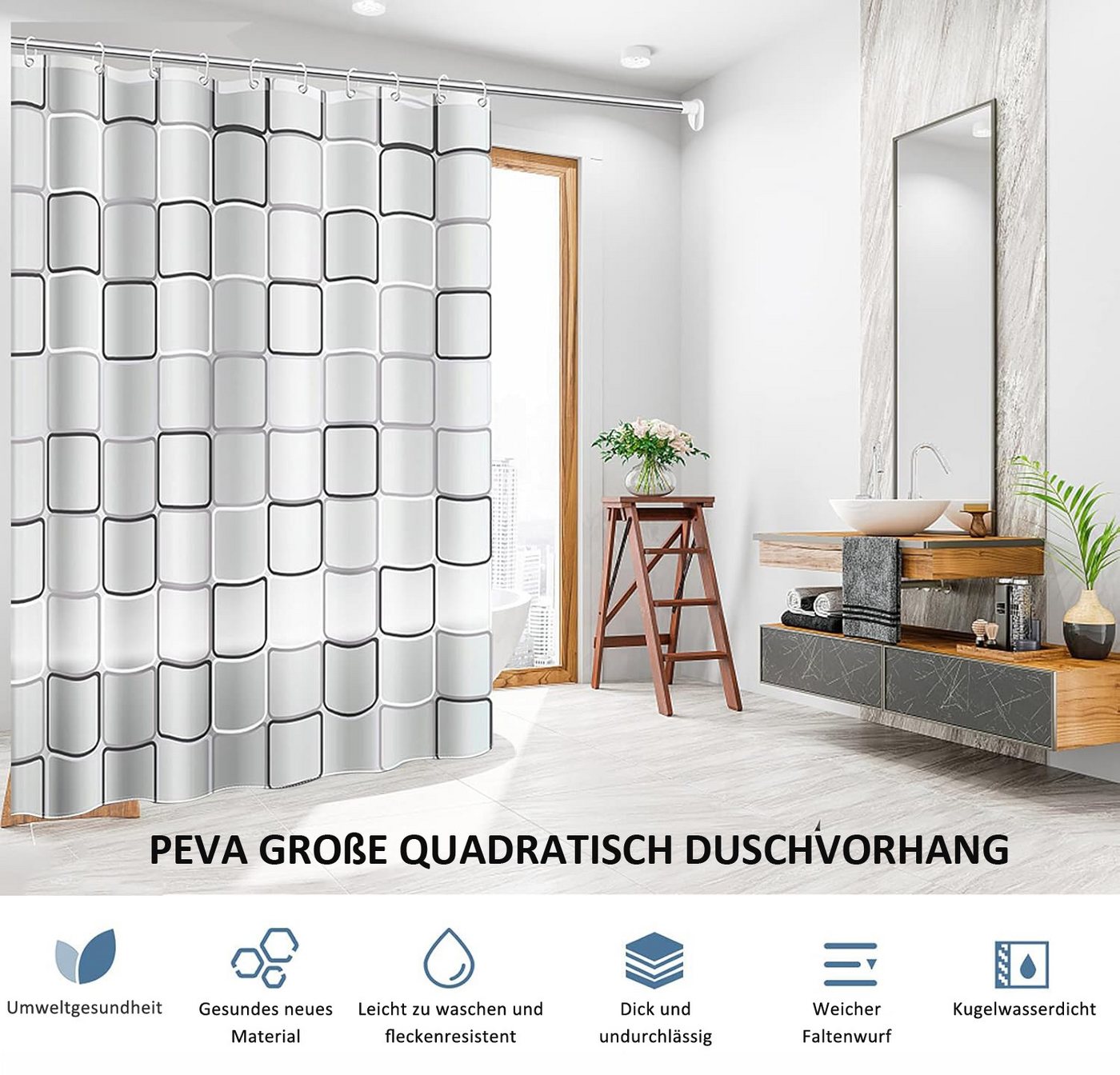 Coonoor Duschvorhang PEVA-verdickter Duschvorhänge, wasserfest-schimmelresistent Breite 120 cm, Duschvorhänge geeignet für Duschen-Badewannen (mit Haken erhältlich) Bild 3