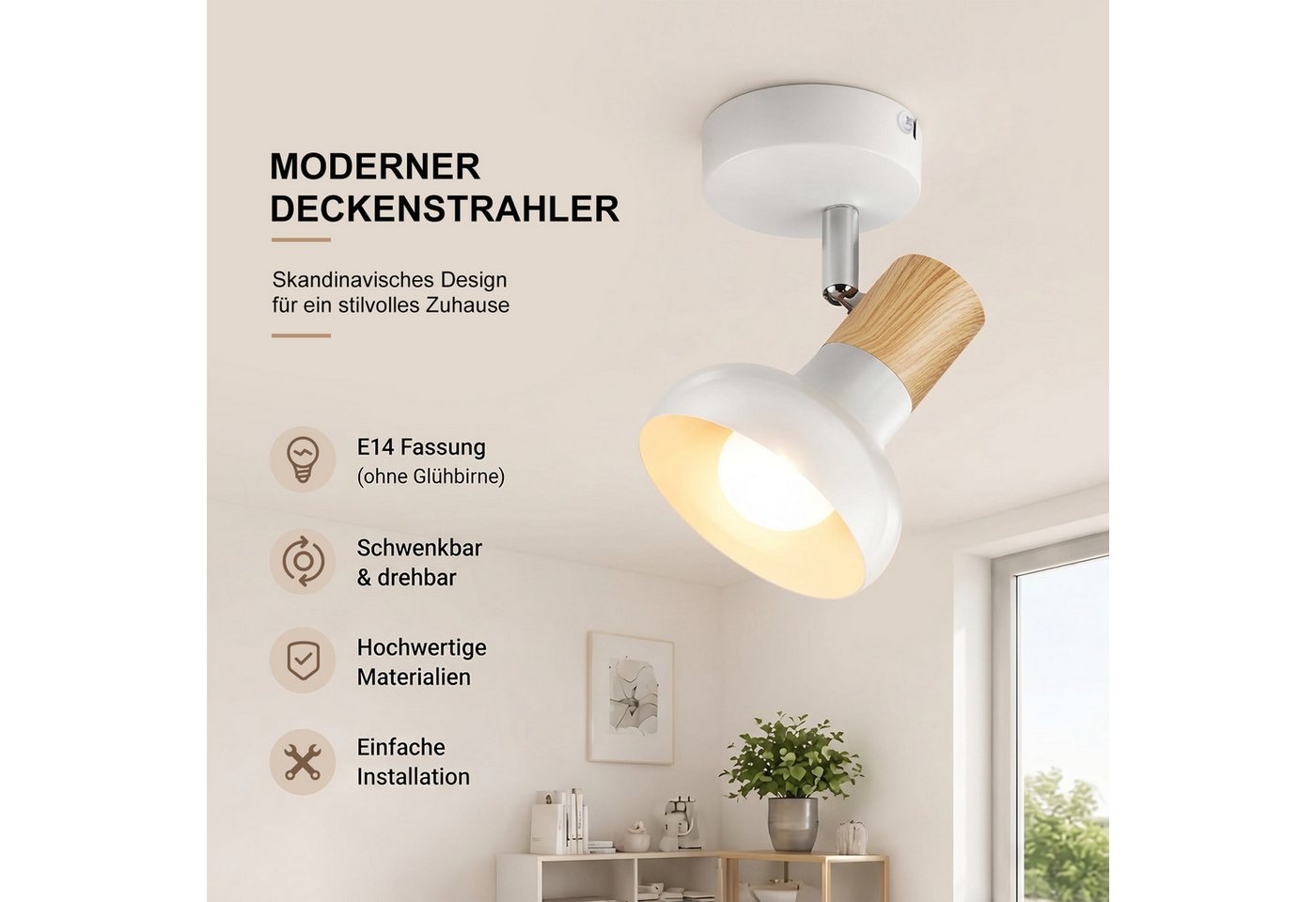 ZMH Deckenstrahler 1 Flammig E14 Eisen Lampenschirm Deckenlampe Flur Schlafzimmer, Einfache Installation, ohne Leuchtmittel, Weiß Schwenkbar 350° Modern Wohnzimmerlampe Bild 5