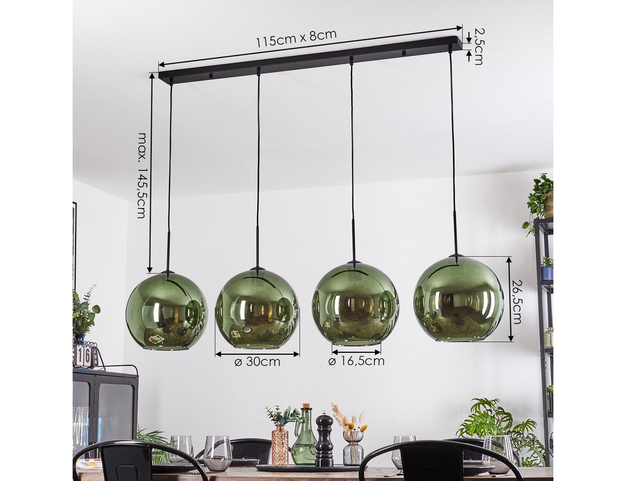 hofstein Hängeleuchte Hängelampe aus Metall/Glas in Schwarz/Grün, ohne Leuchtmittel, Pendelleuchte im Retro/Vintage-Design (Schirme Ø 30 cm), 4 x E27 Bild 3