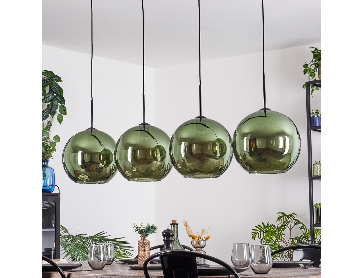 hofstein Hängeleuchte Hängelampe aus Metall/Glas in Schwarz/Grün, ohne Leuchtmittel, Pendelleuchte im Retro/Vintage-Design (Schirme Ø 30 cm), 4 x E27 Bild 4