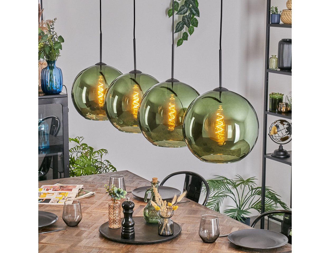 hofstein Hängeleuchte Hängelampe aus Metall/Glas in Schwarz/Grün, ohne Leuchtmittel, Pendelleuchte im Retro/Vintage-Design (Schirme Ø 30 cm), 4 x E27 Bild 5