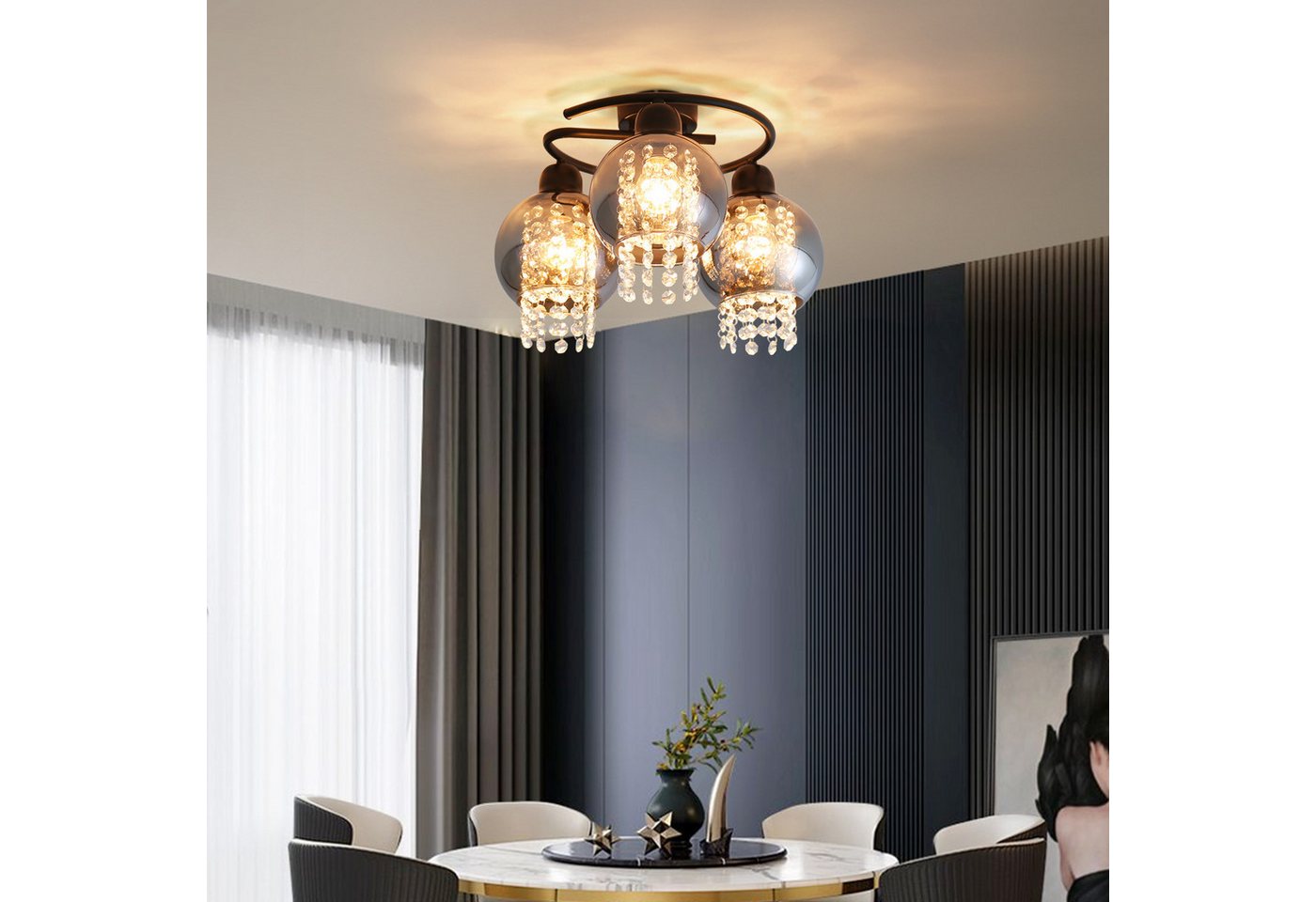 Nettlife Deckenleuchte Modern Schwarz Glas Kristall Rauchgrau 1/3 Flammig E27, LED wechselbar, Deckenbeleuchtung für Wohnzimmer Flur Küche Esszimmer
