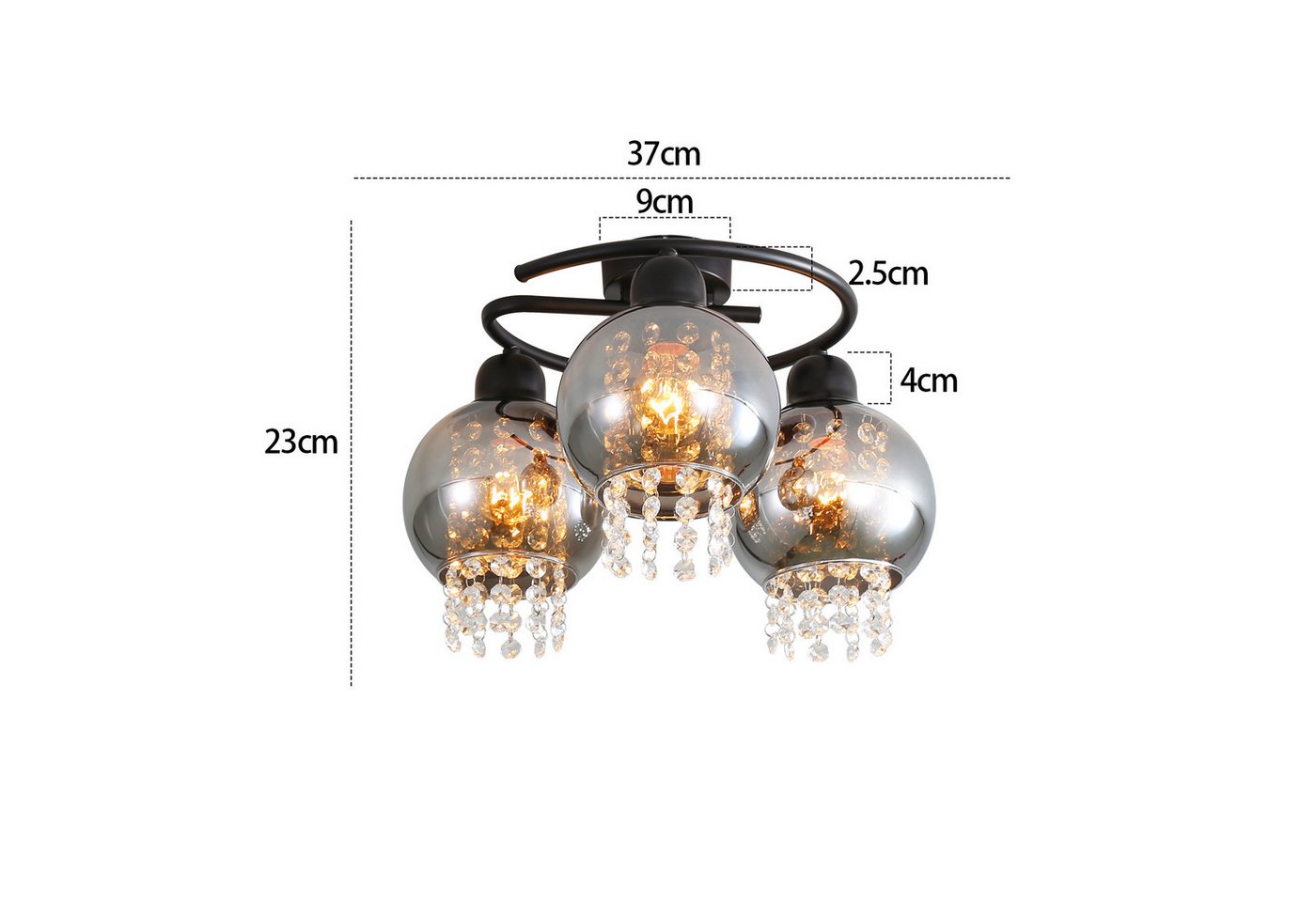 Nettlife Deckenleuchte Modern Schwarz Glas Kristall Rauchgrau 1/3 Flammig E27, LED wechselbar, Deckenbeleuchtung für Wohnzimmer Flur Küche Esszimmer Bild 2