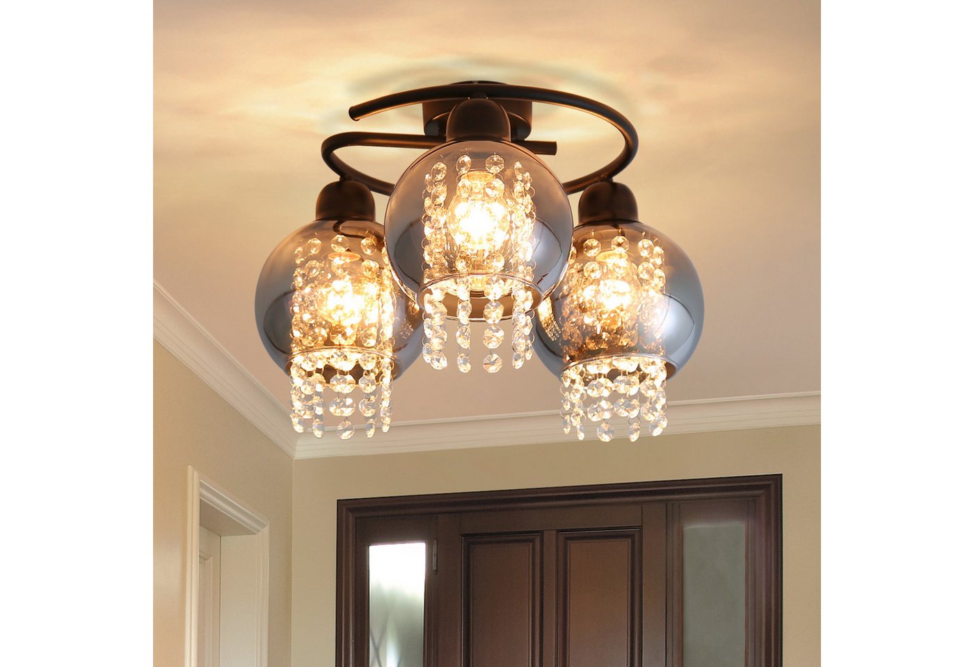 Nettlife Deckenleuchte Modern Schwarz Glas Kristall Rauchgrau 1/3 Flammig E27, LED wechselbar, Deckenbeleuchtung für Wohnzimmer Flur Küche Esszimmer Bild 3
