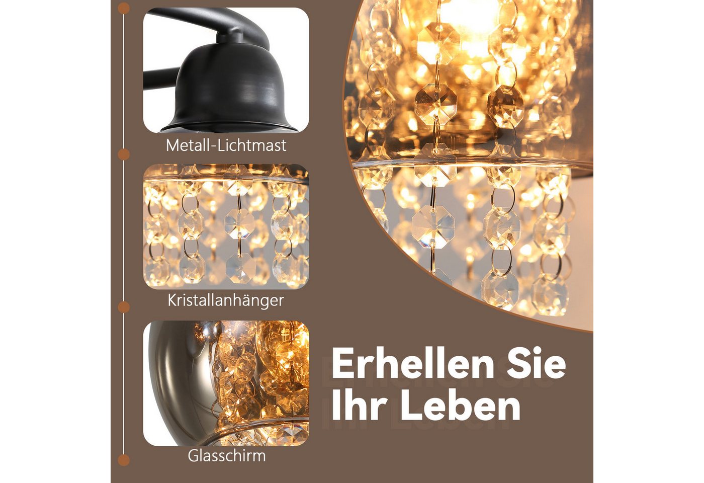 Nettlife Deckenleuchte Modern Schwarz Glas Kristall Rauchgrau 1/3 Flammig E27, LED wechselbar, Deckenbeleuchtung für Wohnzimmer Flur Küche Esszimmer Bild 4