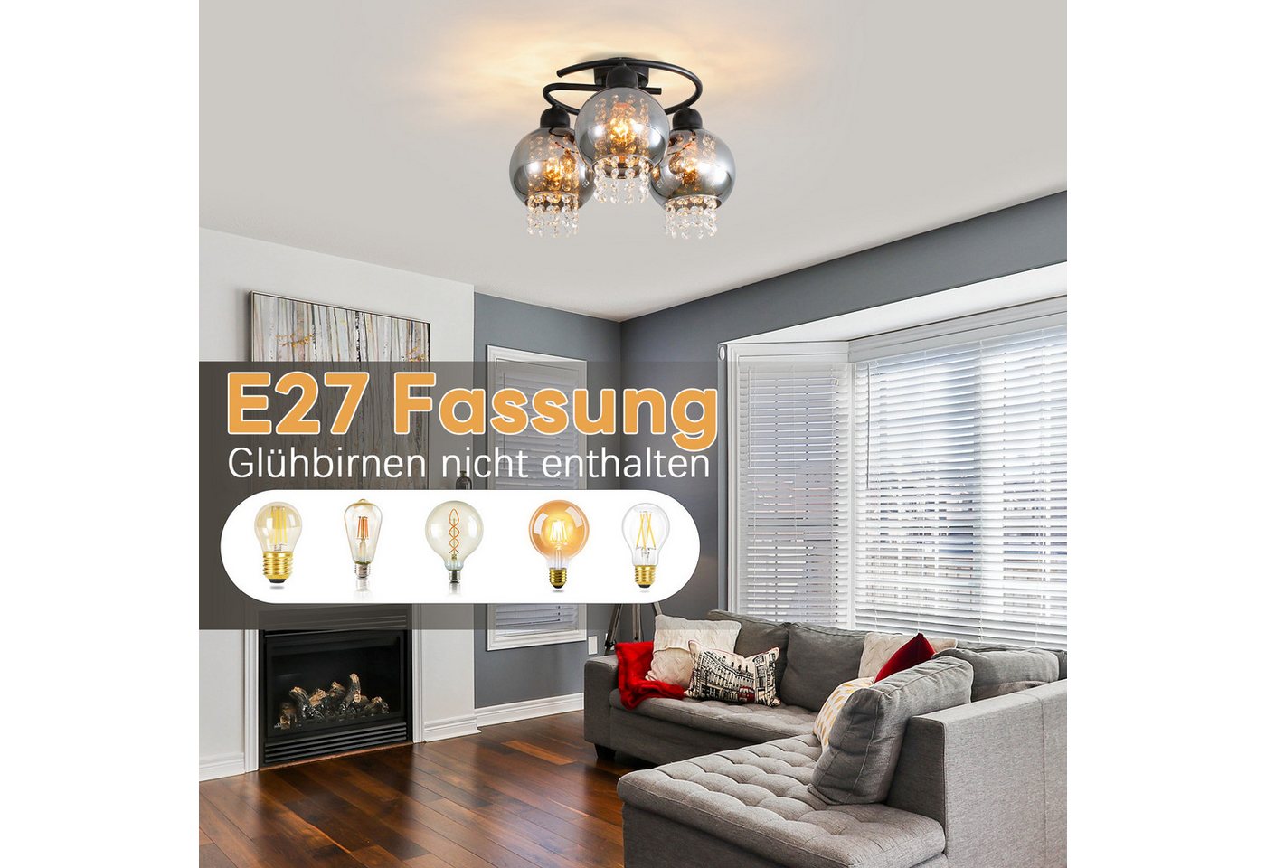 Nettlife Deckenleuchte Modern Schwarz Glas Kristall Rauchgrau 1/3 Flammig E27, LED wechselbar, Deckenbeleuchtung für Wohnzimmer Flur Küche Esszimmer Bild 5