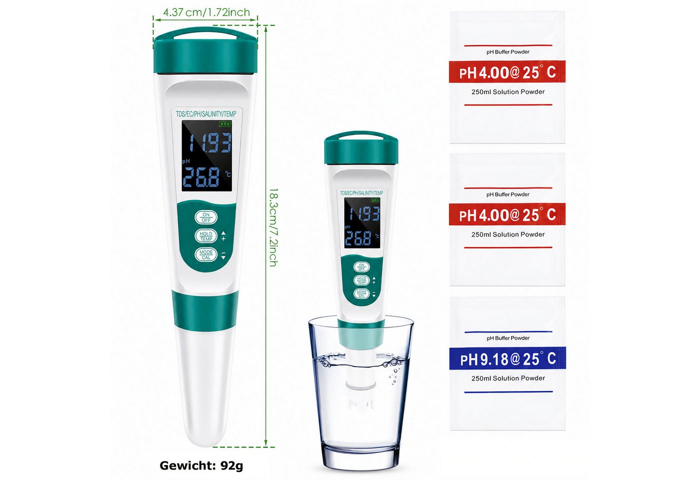 Bolwins Trinkwassertest E46C 5in1 Wassertester für Pool & Aquarium – pH TDS EC Salz Temperatur, 5 Messparameter, Einzelartikel, 2-tlg., 1× E46C 5-in-1 digitaler Wassertester, 5-in-1 Messung, pH, TDS, EC, Salzgehalt, Temperatur, beleuchtet
