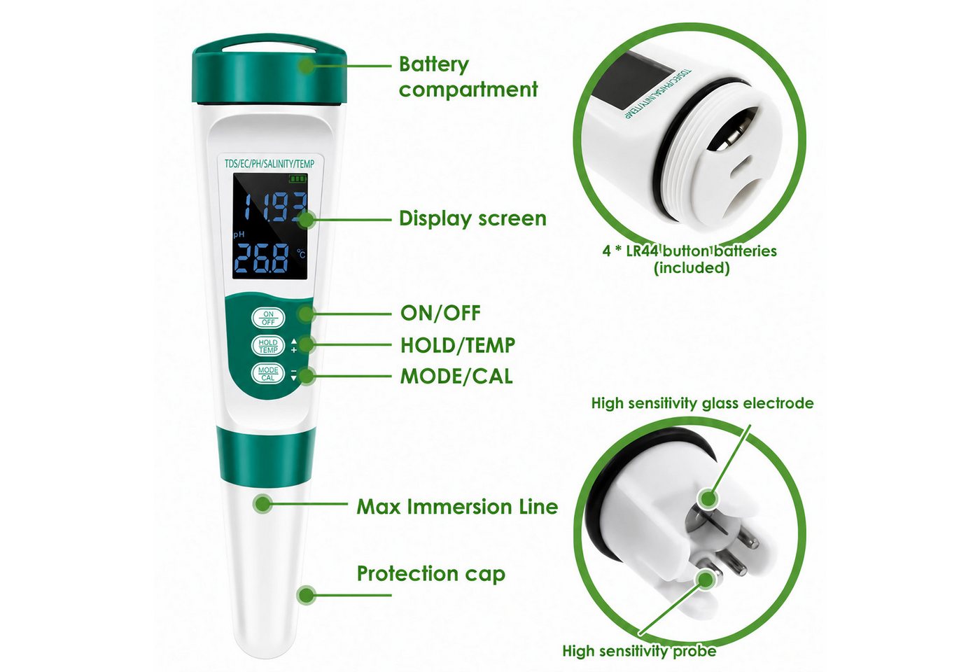 Bolwins Trinkwassertest E46C 5in1 Wassertester für Pool & Aquarium – pH TDS EC Salz Temperatur, 5 Messparameter, Einzelartikel, 2-tlg., 1× E46C 5-in-1 digitaler Wassertester, 5-in-1 Messung, pH, TDS, EC, Salzgehalt, Temperatur, beleuchtet Bild 2