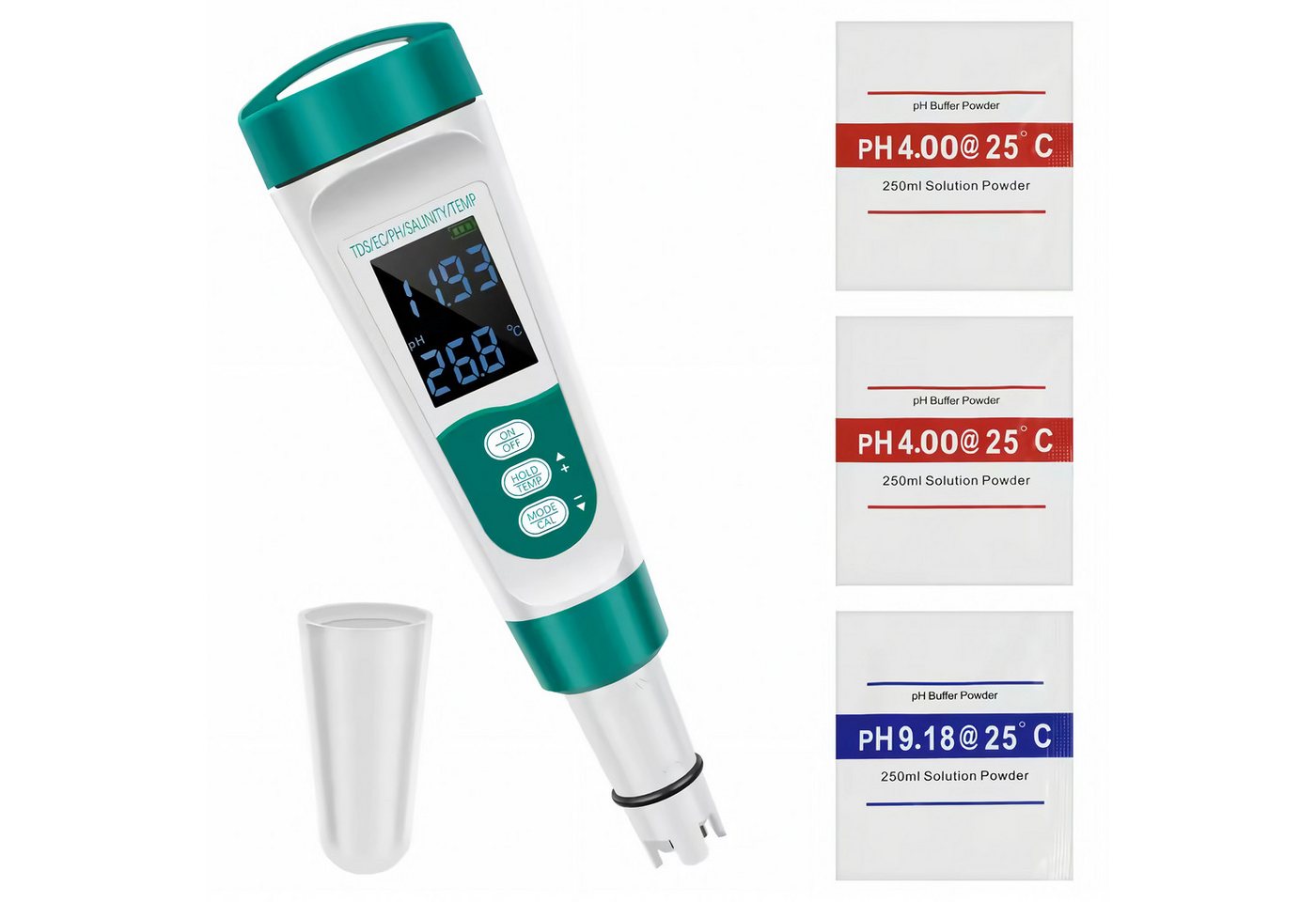 Bolwins Trinkwassertest E46C 5in1 Wassertester für Pool & Aquarium – pH TDS EC Salz Temperatur, 5 Messparameter, Einzelartikel, 2-tlg., 1× E46C 5-in-1 digitaler Wassertester, 5-in-1 Messung, pH, TDS, EC, Salzgehalt, Temperatur, beleuchtet Bild 4