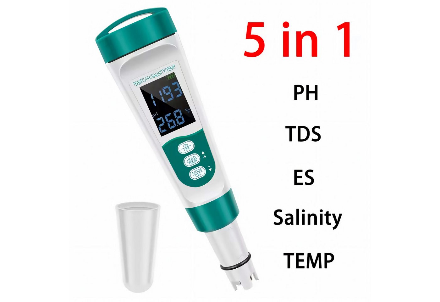 Bolwins Trinkwassertest E46C 5in1 Wassertester für Pool & Aquarium – pH TDS EC Salz Temperatur, 5 Messparameter, Einzelartikel, 2-tlg., 1× E46C 5-in-1 digitaler Wassertester, 5-in-1 Messung, pH, TDS, EC, Salzgehalt, Temperatur, beleuchtet Bild 5