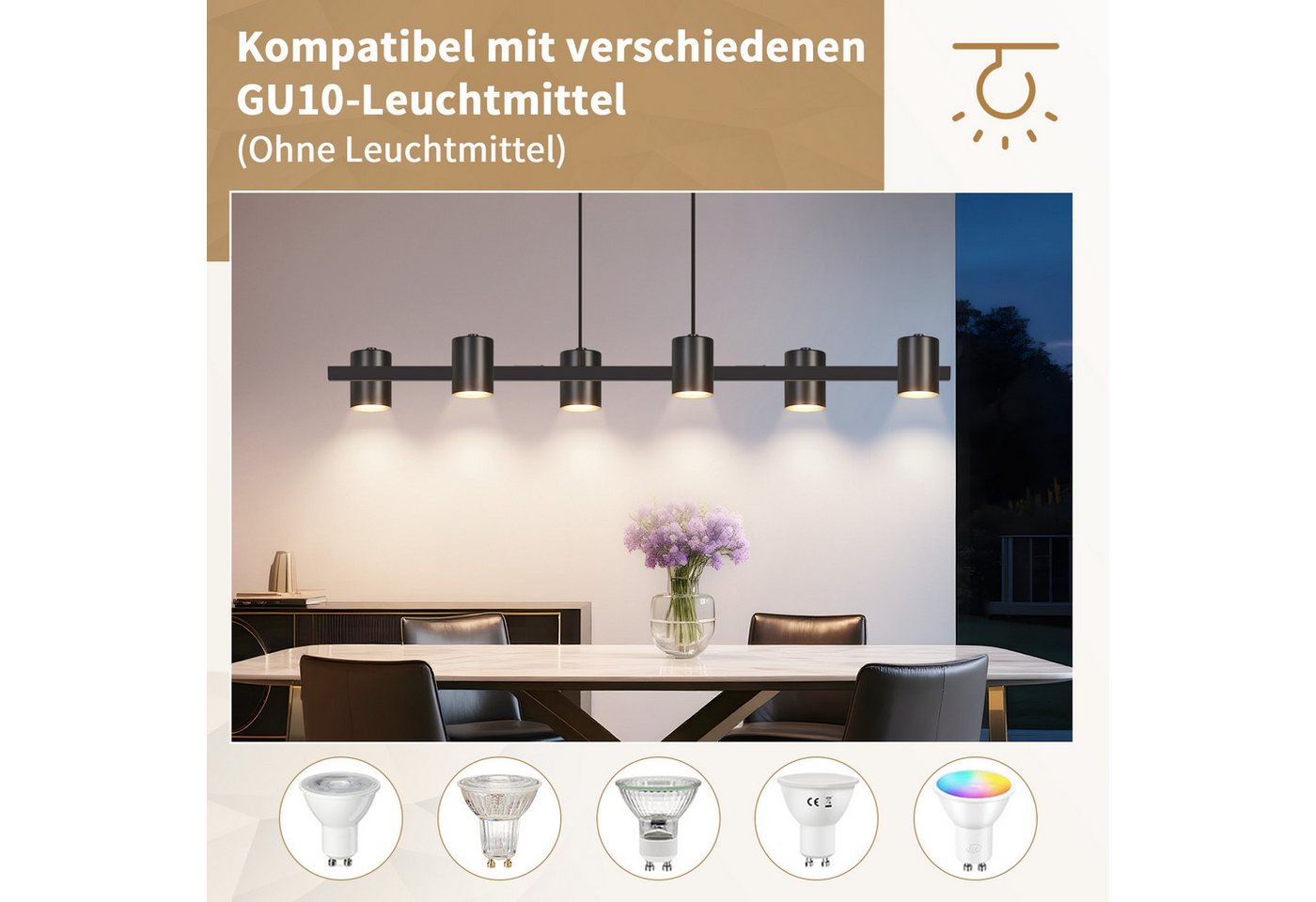 Nettlife Pendelleuchte Schwarz Moderne MetallIndustrial 150cm 6 Flammige Hängelampe, ohne Leuchtmittel, GU10 Hängeleuchte für Küche, Wohnzimmer Bild 2