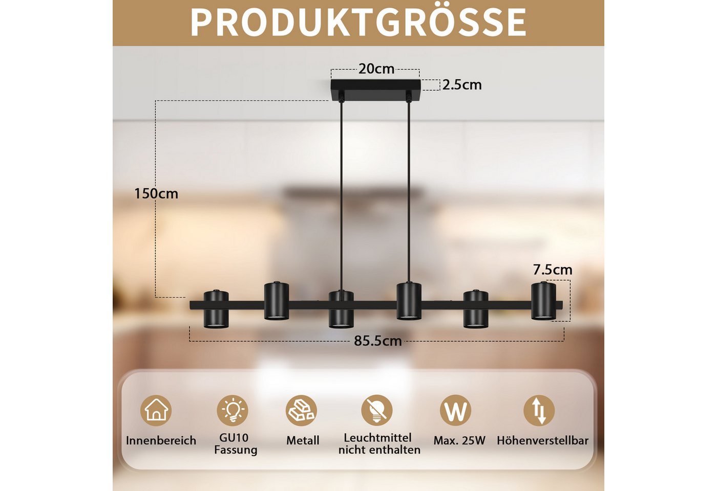 Nettlife Pendelleuchte Schwarz Moderne MetallIndustrial 150cm 6 Flammige Hängelampe, ohne Leuchtmittel, GU10 Hängeleuchte für Küche, Wohnzimmer Bild 3