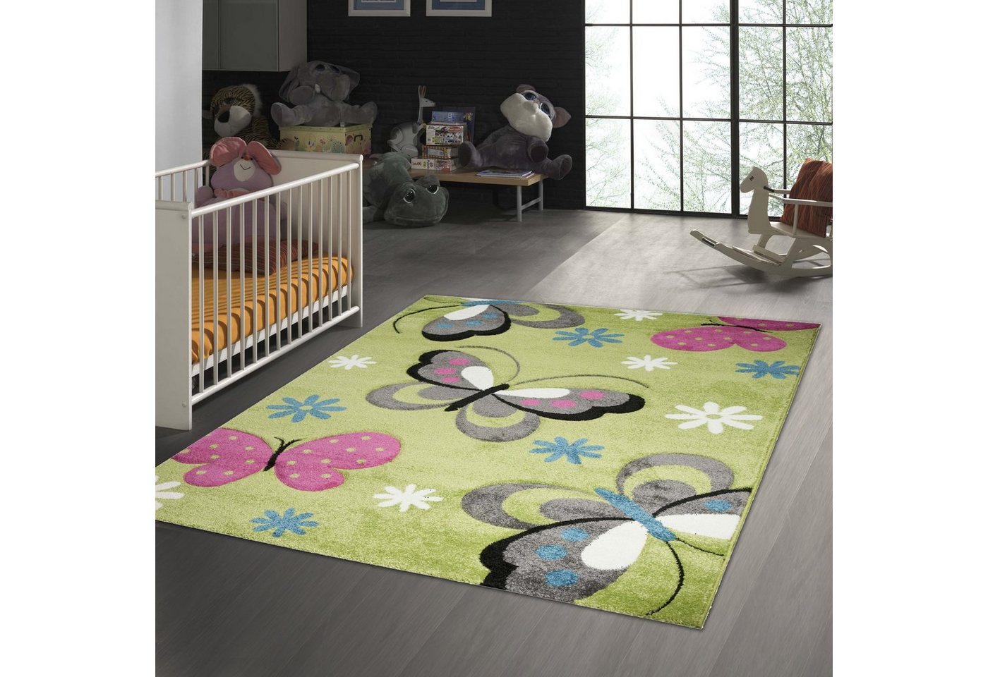 TeppichHome24 Kinderteppich Kinderteppich Schmetterling Design Grün Pink Grau Türkis Weiss, rechteckig, Höhe: 13 mm Bild 3